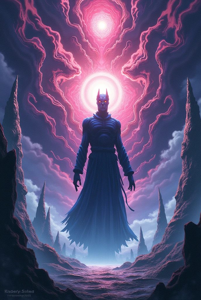 Black and light blue anime demon with a glowing aqua cross on his chest with glowing eyes and have glowing blie horns