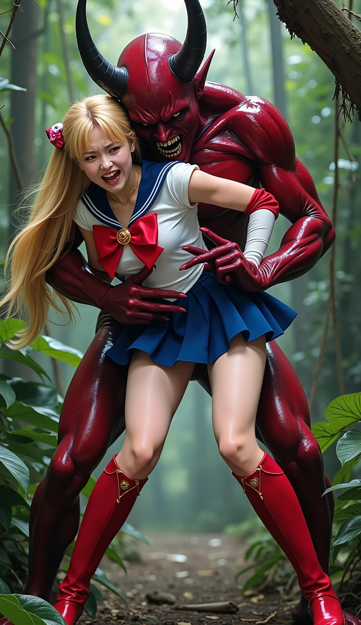 Hyperrealism, masterpiece, highest quality, A young Japanese woman is bending down and hugging from behind by a devil, ((she is crying and screaming in pain)), tears from her eyes, painful face, she is wearing a Sailor Moon costume, Blue sailor collar, Blue short mini pleated skirt, she is wearing a very short blue mini pleated skirt, (upskirt:1.8), Long white gloves, shiny beige color pantyhose, Exposed thighs, red long boots, big choker, long blonde Hair, a devil is standing sexual assault her from behind, the devil is hugging her tightly and push his private part into her skirt, in the jungle,