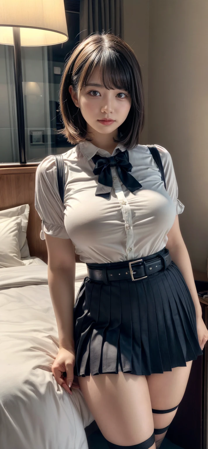 high school girl,(8 heads of beauty),(Best image quality, (8k), Ultra-realistic, 最high quality, high quality, High resolution, high qualityの質感, Attention to detail, Beautiful details, Fine details, Highly detailed CG, Detailed Texture, Realistic facial expressions, masterpiece, before, dynamic, bold)I can see your panties,My genitals are wet,The pubic area is heaving,Bra is visible,straddling,