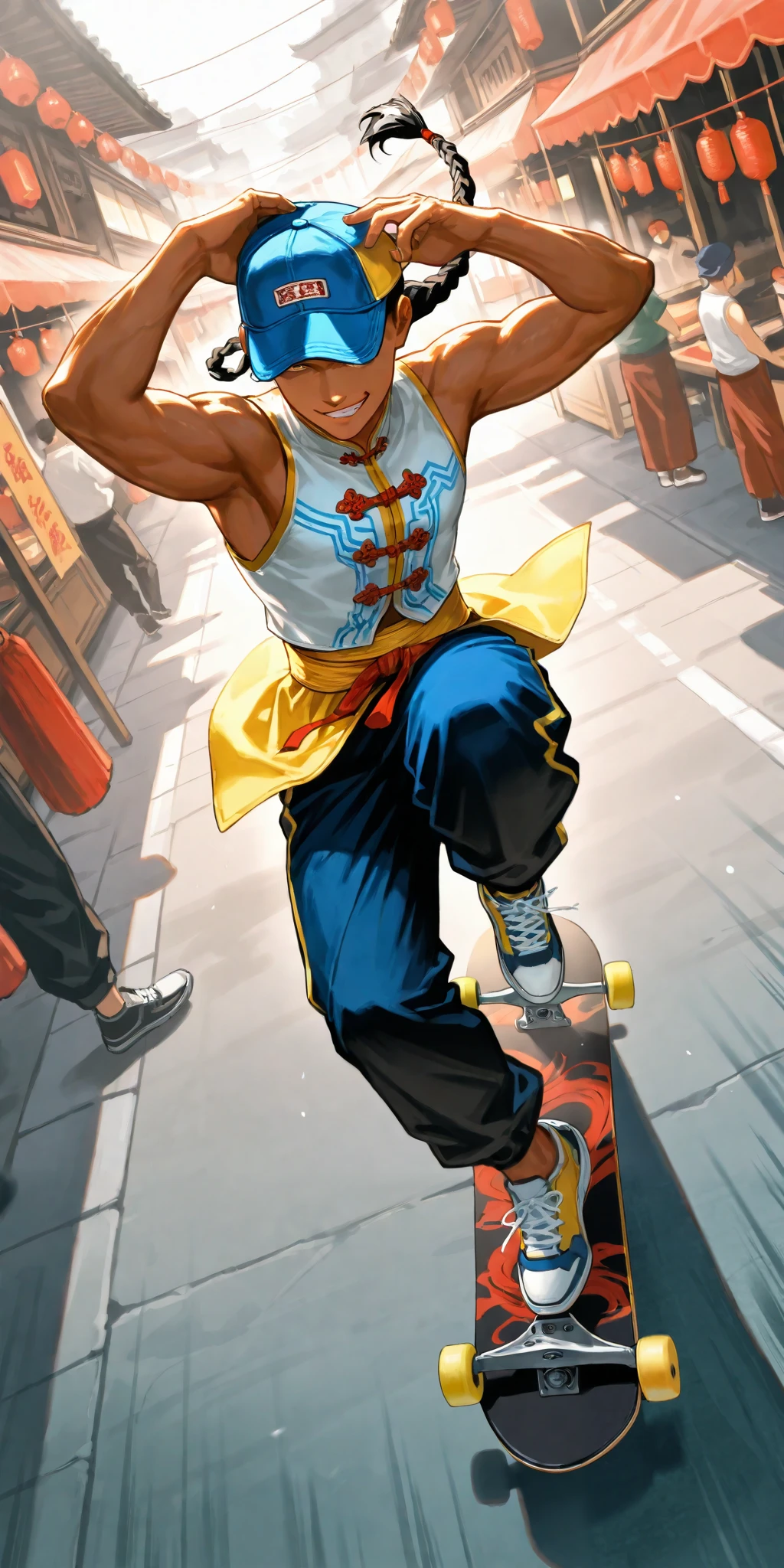 1boy\(Yun\(Street Fighter 4\), young, jumping high on skateboard, hand at cap brim, eyes hidden by on deep pulled down cap,blue cap with (yellow brim), long braid hair, loose black Wudang Tai Chi pants,white sleeveless long Wudang Tai Chi Shirt , sneakers,big smirk,slim,\), street of old China countryside market, shot from above, dynamic Pose, dynamic movement, dynamic angle, action scene, motion blur, vibrant Hong Kong people, rearistic,masterpiece, best quality