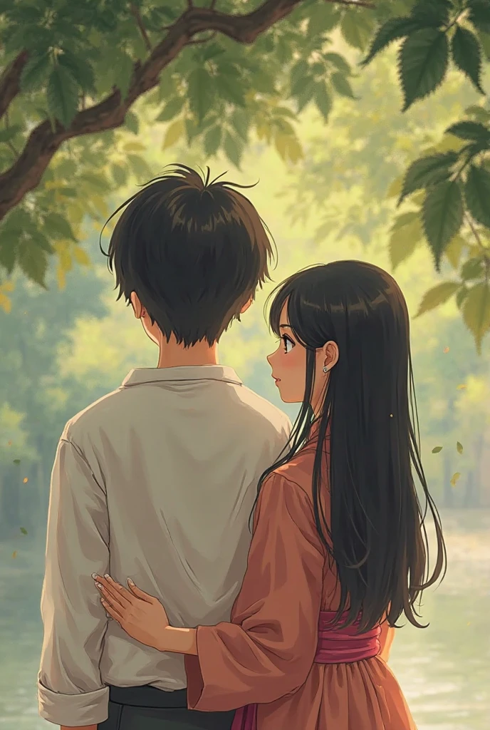 A young couple standing under a tree and watching in front the boy ...