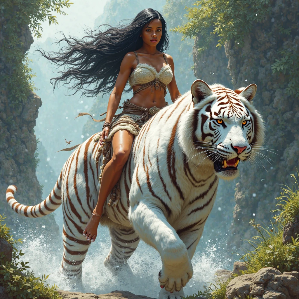 (masterpiece), (best quality), (ultra detailed), (cinematic lighting), (illustration), Frazetta, (a woman on a tiger ), mountain,