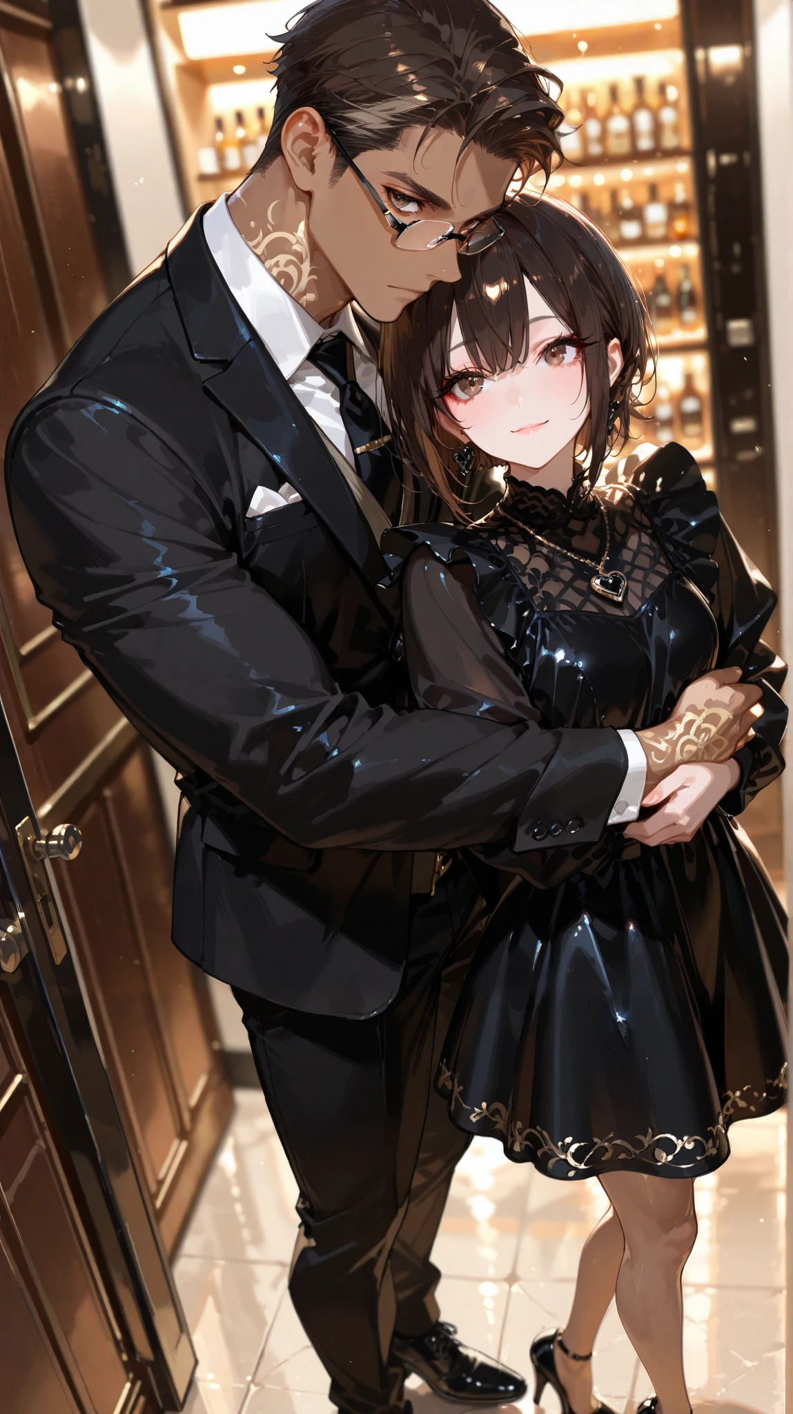 masterpiece,best quality,amazing quality, detailed eyes, very aesthetic, depth of field, detailed background, 1boy, 1girl, male has brown skin, male has long face, male has low fade hair , male has dark brown eyes, black hair, male is muscular, male wearing a fancy full black suit, male wears fancy black derby shoes, male wear black browline glasses, stylish apacious prom room, male is hugging girl from behind while standing (girl has dark brown short straght hair, dark brown eyes, long eyelashes and girl has ivory skin, girl wearing a fancy long black dress, girl wears black heels, girl wears black heart necklace), from wide front angle, both looking at viewer, both happy, girl has short hair, girl don't wear glasses