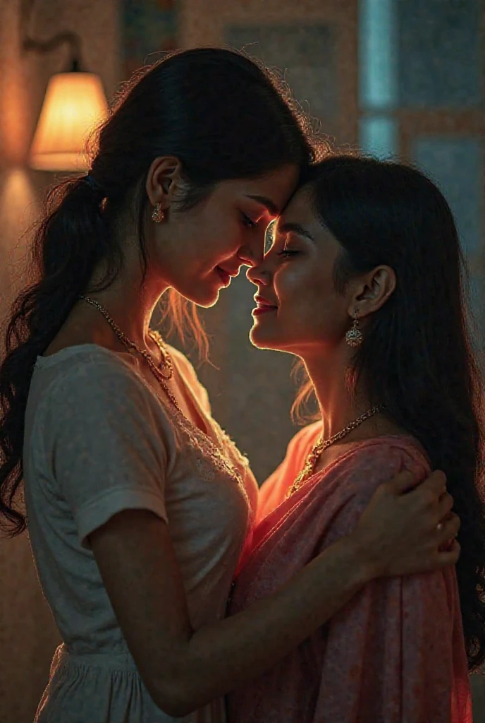 Two indian sexy women,1 woman is a milf with 35 to 40year age,otherwoman is young with 16 to 17year old aggressively making out, on bed, night time, hugging tight, kissing passionately, lips touching, revealing clothes, stripping, bare skin, absolutely hot