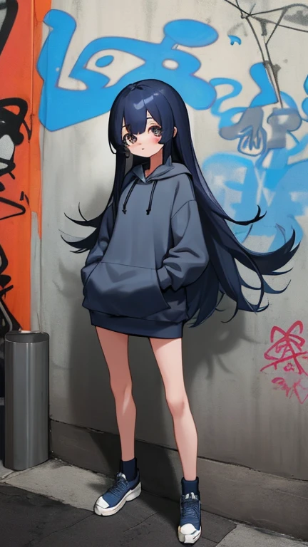 A woman with very long black hair and (very long bangs:1.5), wearing a stylish jacket and tight jeans, standing. The artwork is inspired by manga and incorporates a doujin style. The woman appears to be (wetting herself:1.5), which causes her to feel embarrassed and humiliated, resulting in a blush on her face. In addition, there is an air of anger in her expression. The lighting in the scene is moody, with a spotlight highlighting the woman's figure. She is crossing her arms, (arms crossed:1.5), fully showcasing her jeans., medium breasts