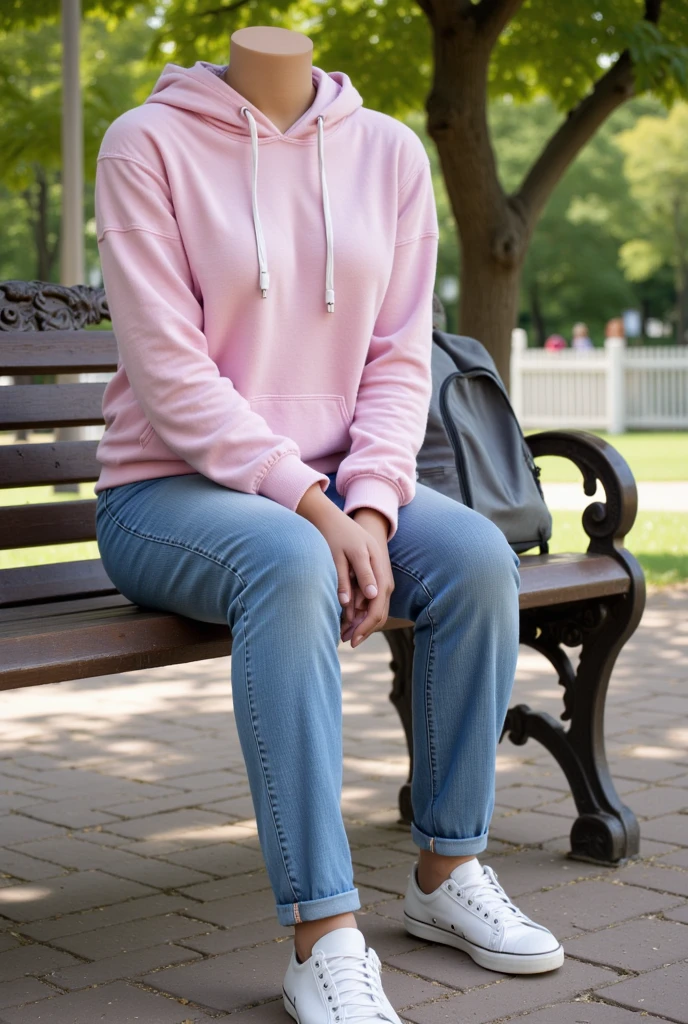 Super Resolution、Beautiful Caucasian Woman、11Year old girl、Full body photo、sitting on a park bench、Blonde Hair、Short Haircut、ear piercing、necklace、hoodie、Skinny jeans、sneakers、、smile、Beautiful teeth alignment