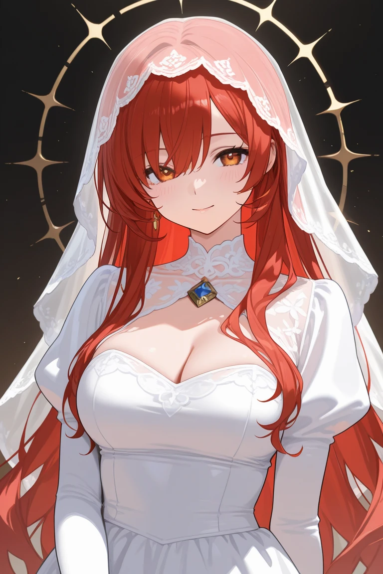 (masterpiece, best quality, perfect face, expressive eyes), 1girl, (anime), (adult), red hair, pink eyes, empress clothes, white veil, white dress,