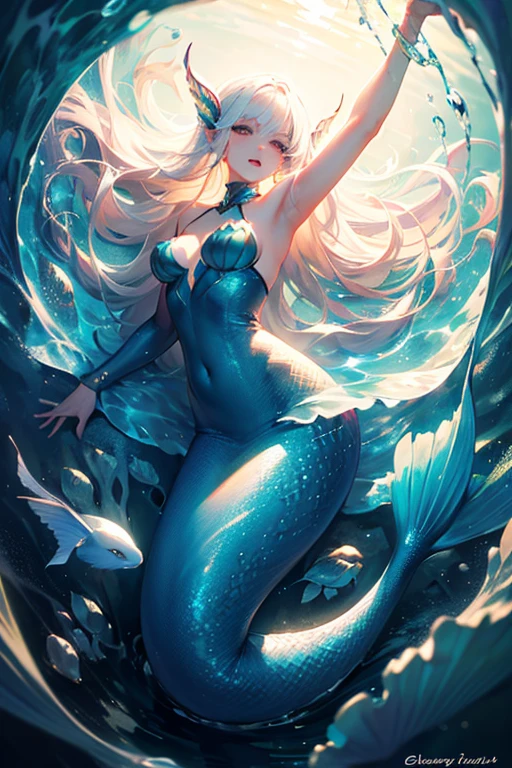Merfolk creature with blue skin and fins holding a short sword under an ocean wave