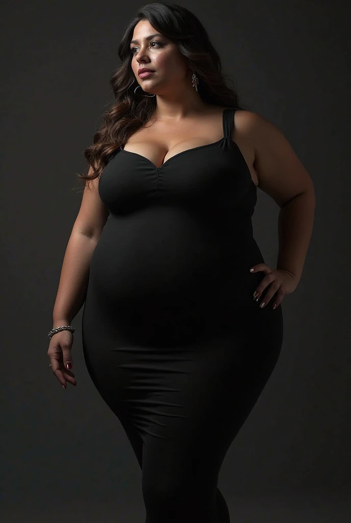 pregnant woman in black top and black pants reaching out, large round belly, thick and round belly, chubby woman, chubby belly, big belly, folds of abdominal flap, chubby, large belly, curvy woman, pregnant belly, portrait of a chubby woman, a chubby