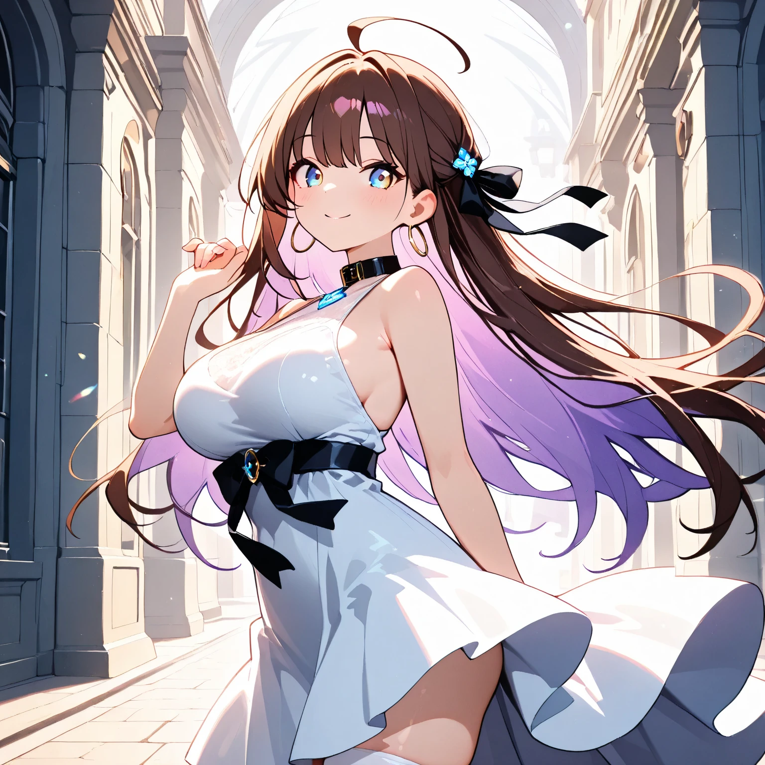 Game , goddess of victory nikke, Rapi , light brown hair,  alluring eyes ,beautiful face , crystal red eyes ,  long hair ,plain colour spaghetti strap dress, selfie wind, 1 hand bag,g cup breast, slender waist, bewitching thighs, five fingers each hand, two hand ,two leg , in town, date, standing, beautiful, high heels, daylight, recreation park,