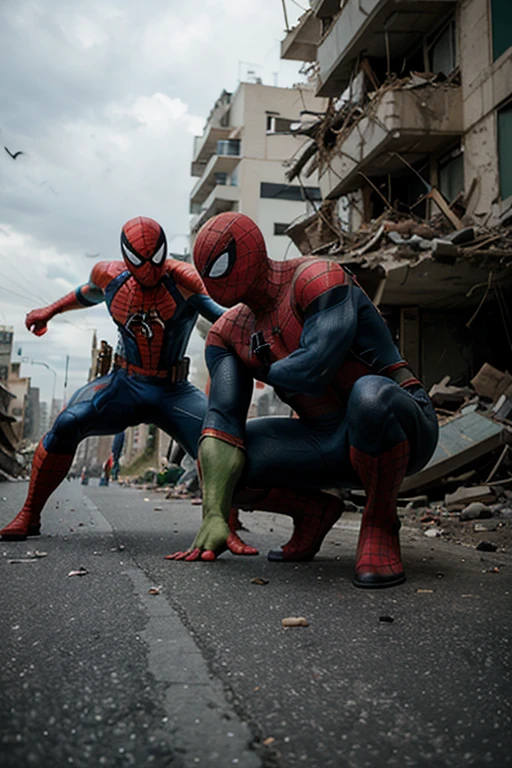 Venom y Spiderman ((Marvel Comics)) fleeing from zombies ((living Dead) apocalipsis zombie)((run away from the zombies))((Peter Parker without mask))