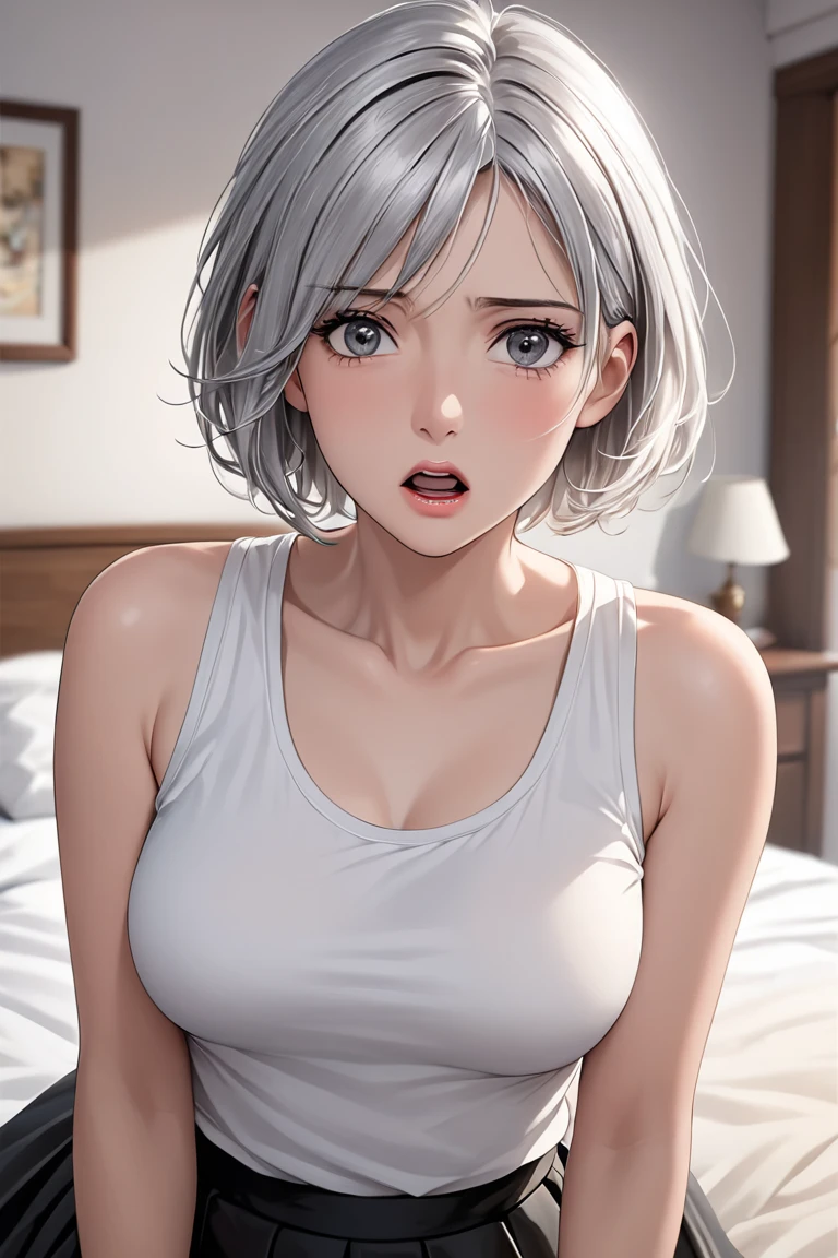 (Highest quality、High resolution、8k、masterpiece)。Look away、Open your mouth、Pink Eyes、Silver Hair、Heart shaped pupil、teeth、tongue、tongueを出す、（Original Character, (1 Girl)、Perfect Face、((short hair:1.2))、(Hair above one eye:1.3)、[[Disheveled Hair]]、Detailed eyes that shine、Light and shadow、Glowing Skin、 (Curvy but slim), ((High angle shot))、Sexy look、Use something sexy、（background：Remains）Full body、bracelet、necklace、Casual fashion with white T-shirt and pants、Disheveled clothes、Oversized clothes、Follow the Silver Wolf、