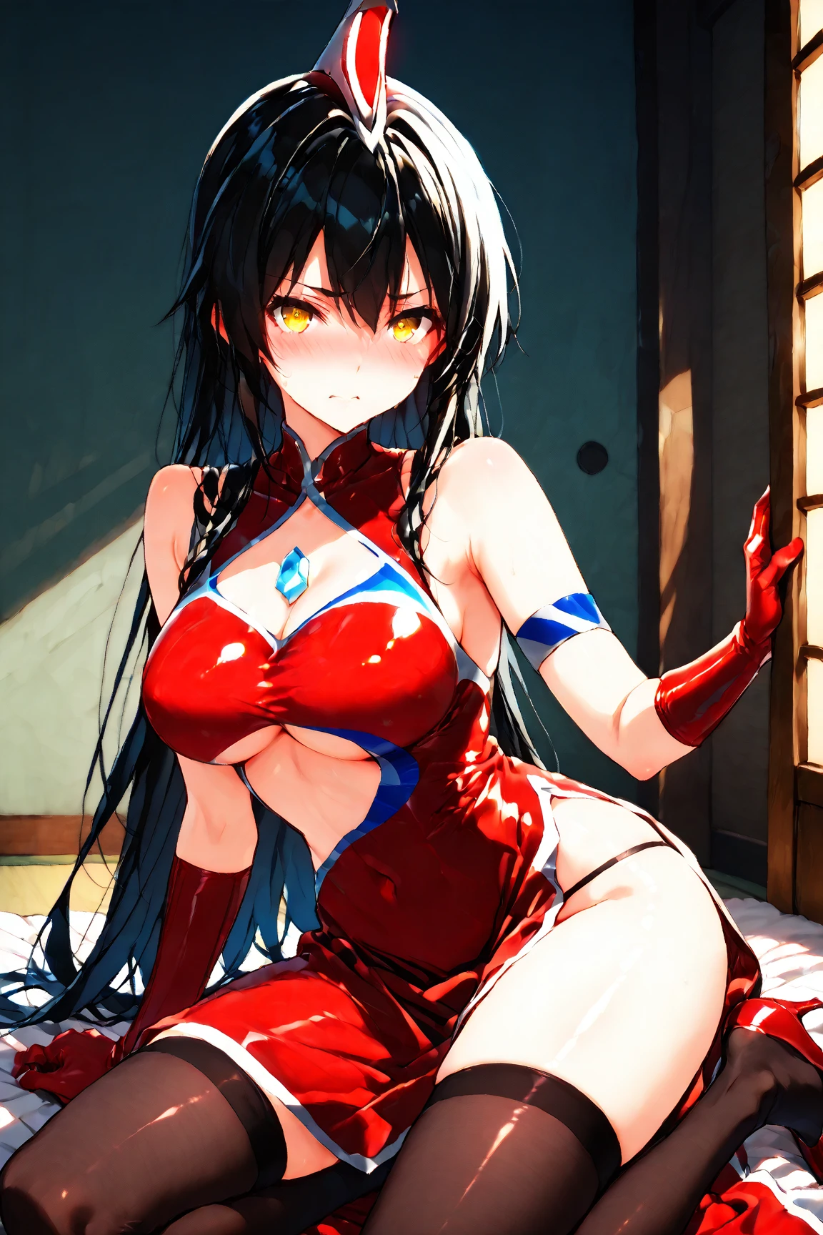 anime, beautiful face, highly detailed face, (2 accurate legs:1), red detailed eye, (eye patch:1.1), highly detailed beach background, perfect lighting, (perfect hands:1.2), best lighting, (no shadows:1.4), 1girl, solo, outdoors, genshin impact, beidou, (beautiful black hair:1.2), hair ornament, absurdres, high res, ultrasharp, 8K, masterpiece, looking at viewer, teasing smile, facial expressions full of love, BREAK (detailed sexy beach bikini:1.3), (sexy pose:1.2), standing up, (hands on chest:1.2)