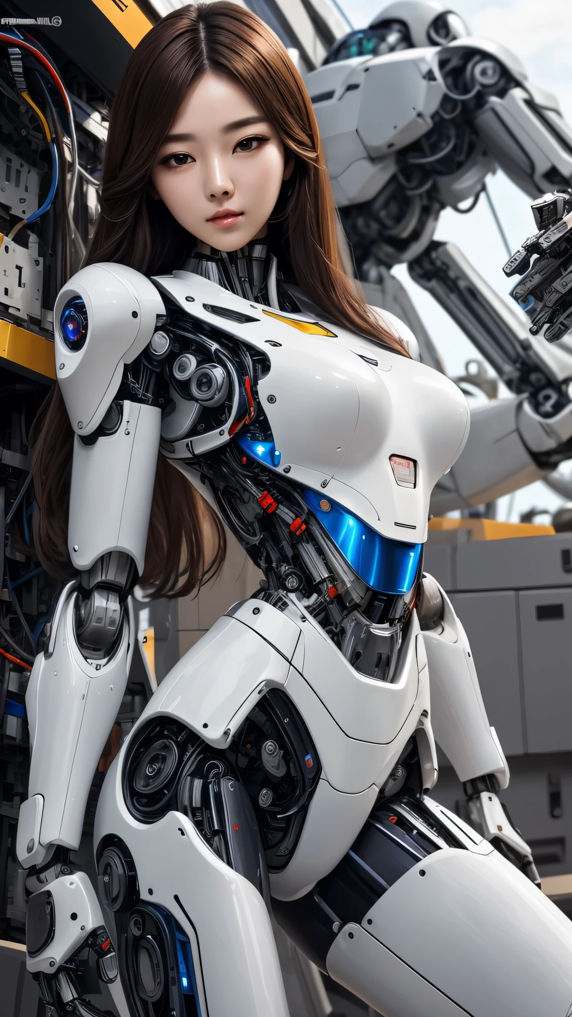 masterpiece, top Quality, High Quality, top resolution, high resolution, ultra detailed, high detailed, Beautiful robot woman, Beautiful white Silky smooth face, extraordinary korean idol face, mixed face, glossy Wide mouth, long hair, robot armor, frame of perfect machine, complete parts, (machine parts), substrate wiring, robot long legs