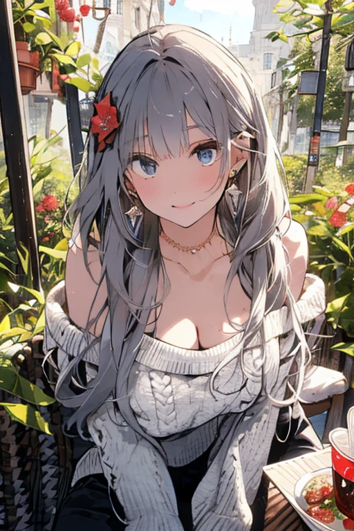 Young woman,​Twenty-five years old, Beautiful face, Long white hair, Wearing Central European clothing, Long skirt, Big chest, Thin waist, Big butt, Sitting at a marble table in the garden, Anime style 2.5D
