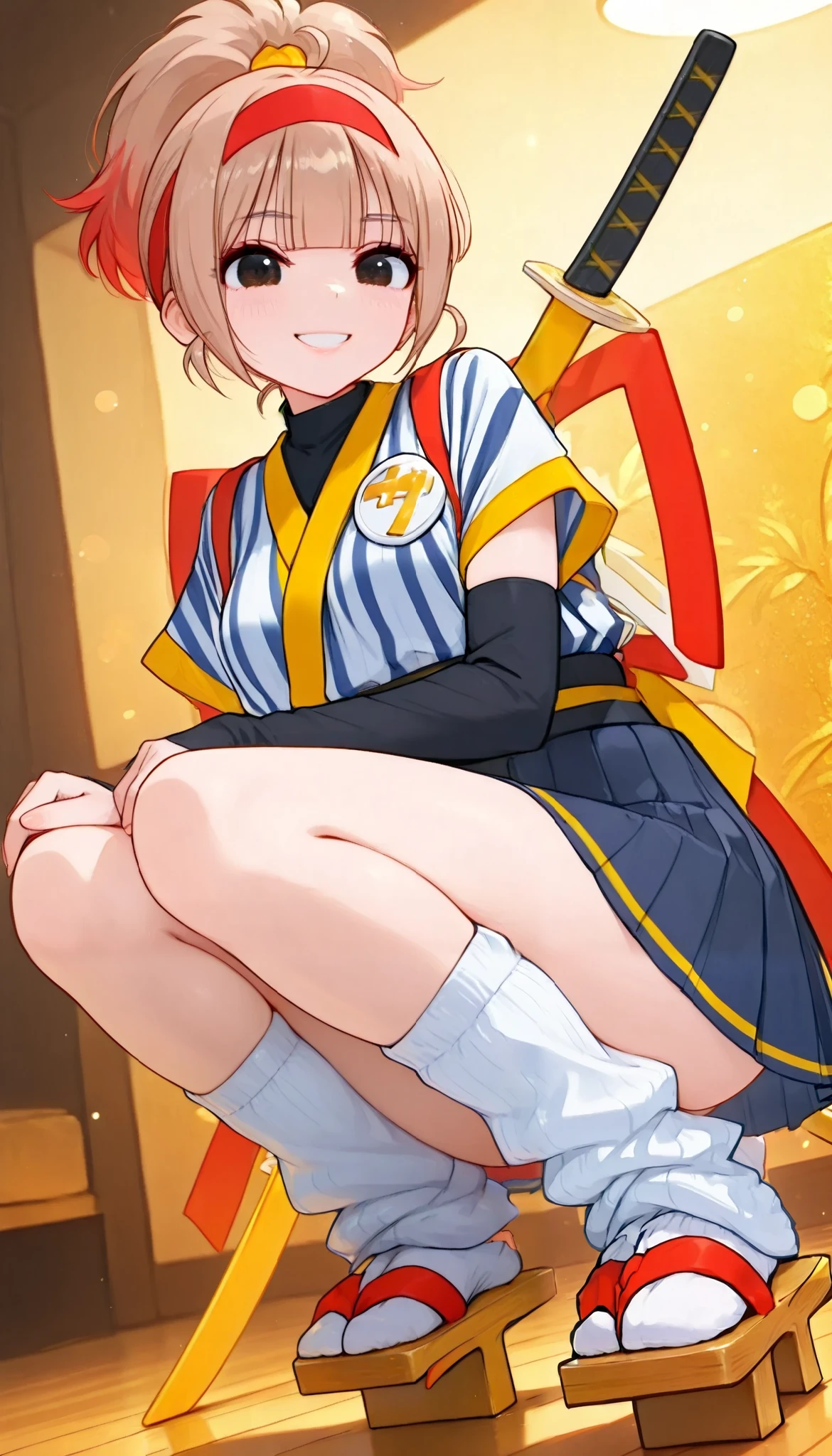cute woman, curve beauty, beautiful breasts, (smile), samurai, ((stripe shirt, chest badge, black inner, black parted sleeve, red hair band, big bow on the back, pleated skirt, Yellow Sword, light brown hair, high ponytail, Yellow scrunchie, loose socks, geta)), long eyelashes, beautiful eyes, beautiful lips, very detailed eyes and face, long eyelashes, (crouching:2, legs, Inner thigh), 4K High Resolution, vibrant coloring, best quality, 4K, masterpiece, hyper detailed, studio lighting, ultra-fine painting, vivid colors, sharp focus, extreme detail, professional, HDR, UHD, bokeh effects ,