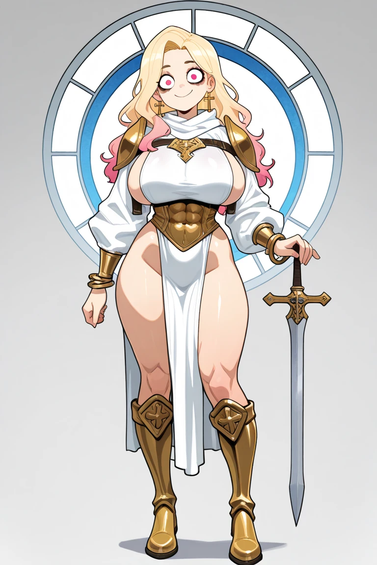 full body toe to head, masterpiece, 1soloMILF BIMBO standing pose long cape, strong body, abs, shiny skin (masterpiece, best quality) 1girlsolo