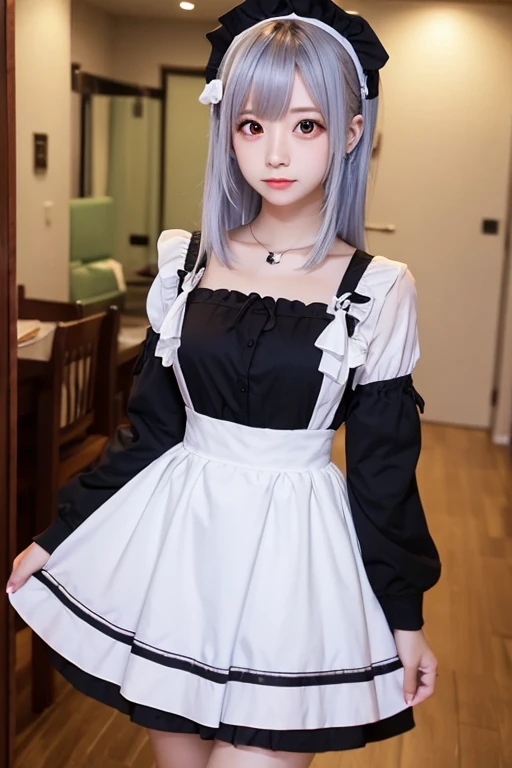 mini skirt、hair ornaments、whole body、Photo taken from directly below、one beautiful maid、(((silver hair)))、indoor