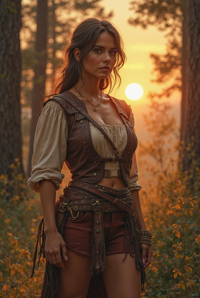 high angle shot, portrait of a gorgeous brunette woman, age 23, wavy hair.  (looking away from viewer) She's dressed up in an old, dirty, torn white cotton shirt. Below, a wide brown high-waisted skirt. She wears a leather cartridge belt around her waist. A brown dusty cowboy hat on her head. She's standing at night, (((in a dark cave, only lit by wood torches))),
perfect eyes, perfect hands, perfect body, perfect hair, perfect breast, hair behind ear, blurry foreground, UHD, retina, masterpiece, accurate, anatomically correct, textured skin, super detail, high details, high quality, award winning, best quality, highres, 16k, 8k,