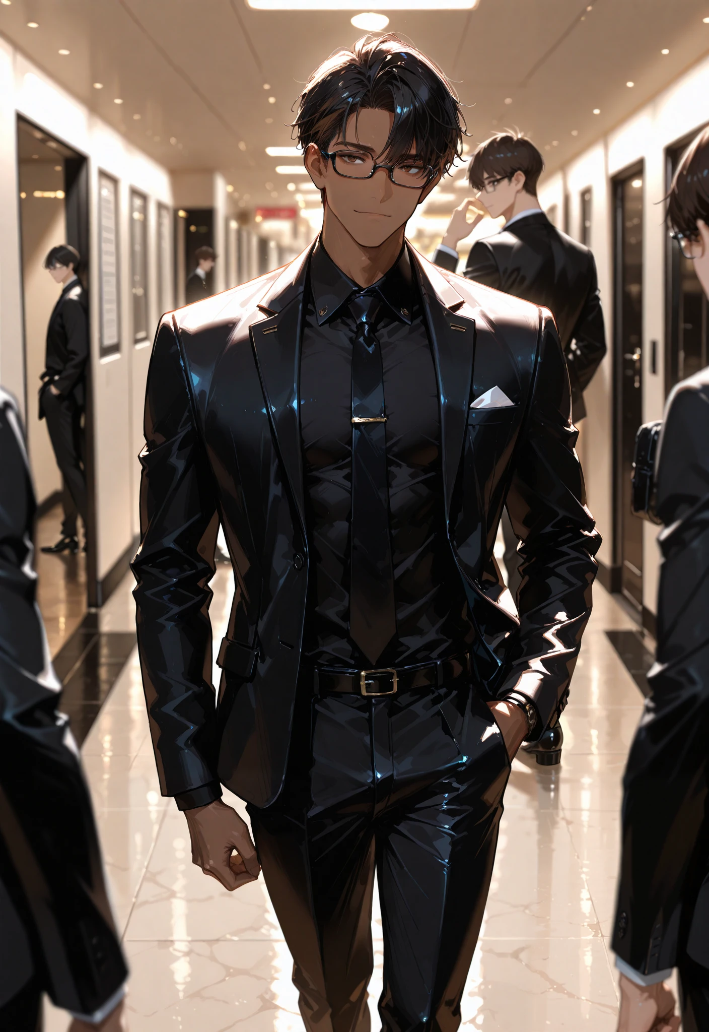 masterpiece,best quality,amazing quality, detailed eyes, very aesthetic, depth of field, detailed background, 1boy, , male has brown skin, male has long face, male has low fade hair , male has squinted eyes, male has dark brown eyes, black hair, male is muscular, male wearing a fancy full black suit, male wearing a black shirt inside suit, male wears fancy black derby shoes, male wear black browline glasses, stylish apacious prom room, male's one hand on pocket, male standing, male facing towards to viewer, male styling his hair with other hand, sexy face,