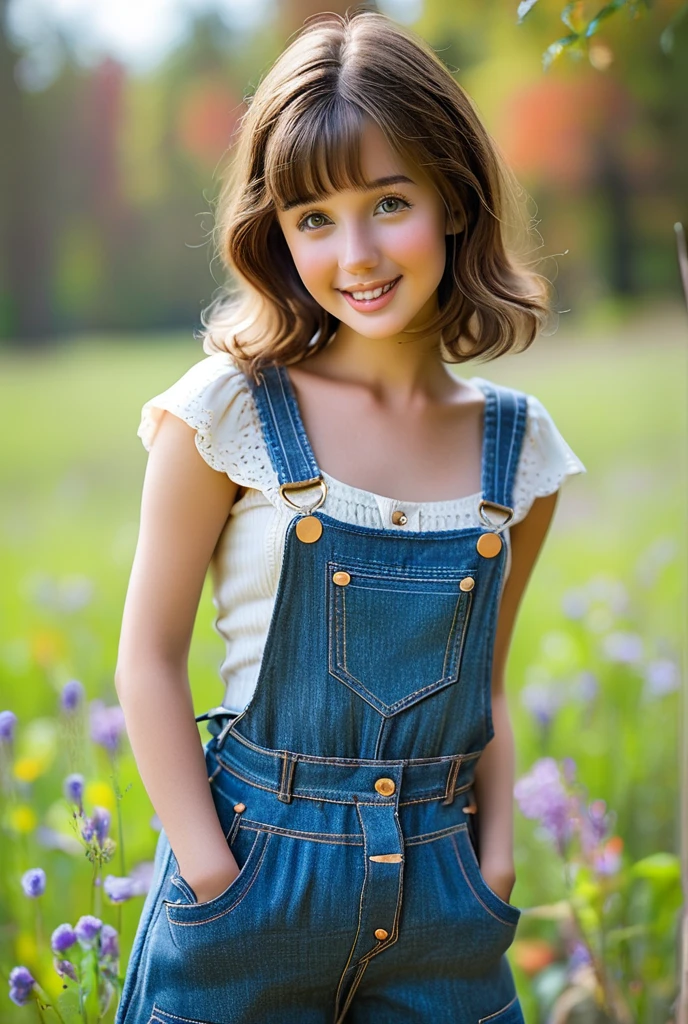a 7 year old big wavy red hair light brown eyes denim dress