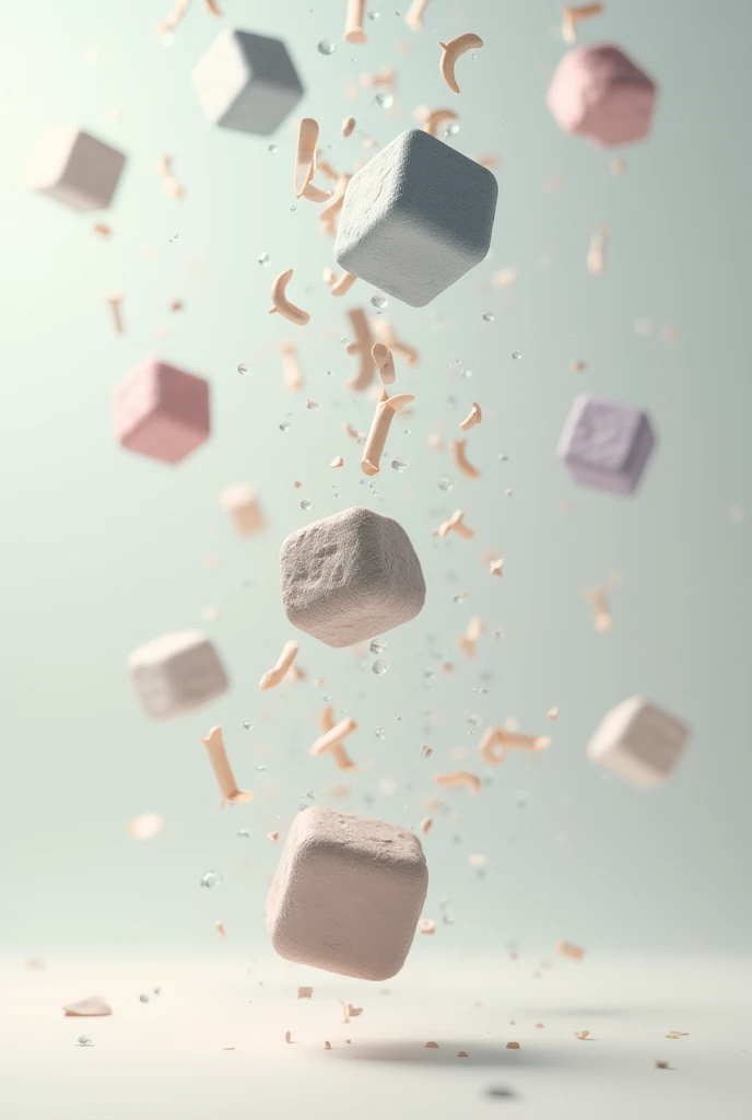 Make an image of a disintegrated cube whose smaller pieces grouped together as two, three and four are floating, with many colors that appear to be moving away but leave part of the cube complete, that is, make an interpretation of the assembly of a cube.