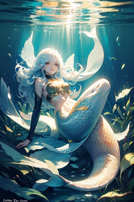 photo of beautiful siren, detailed blue eyes, detailed mermaid tail, white hair, innocent face
