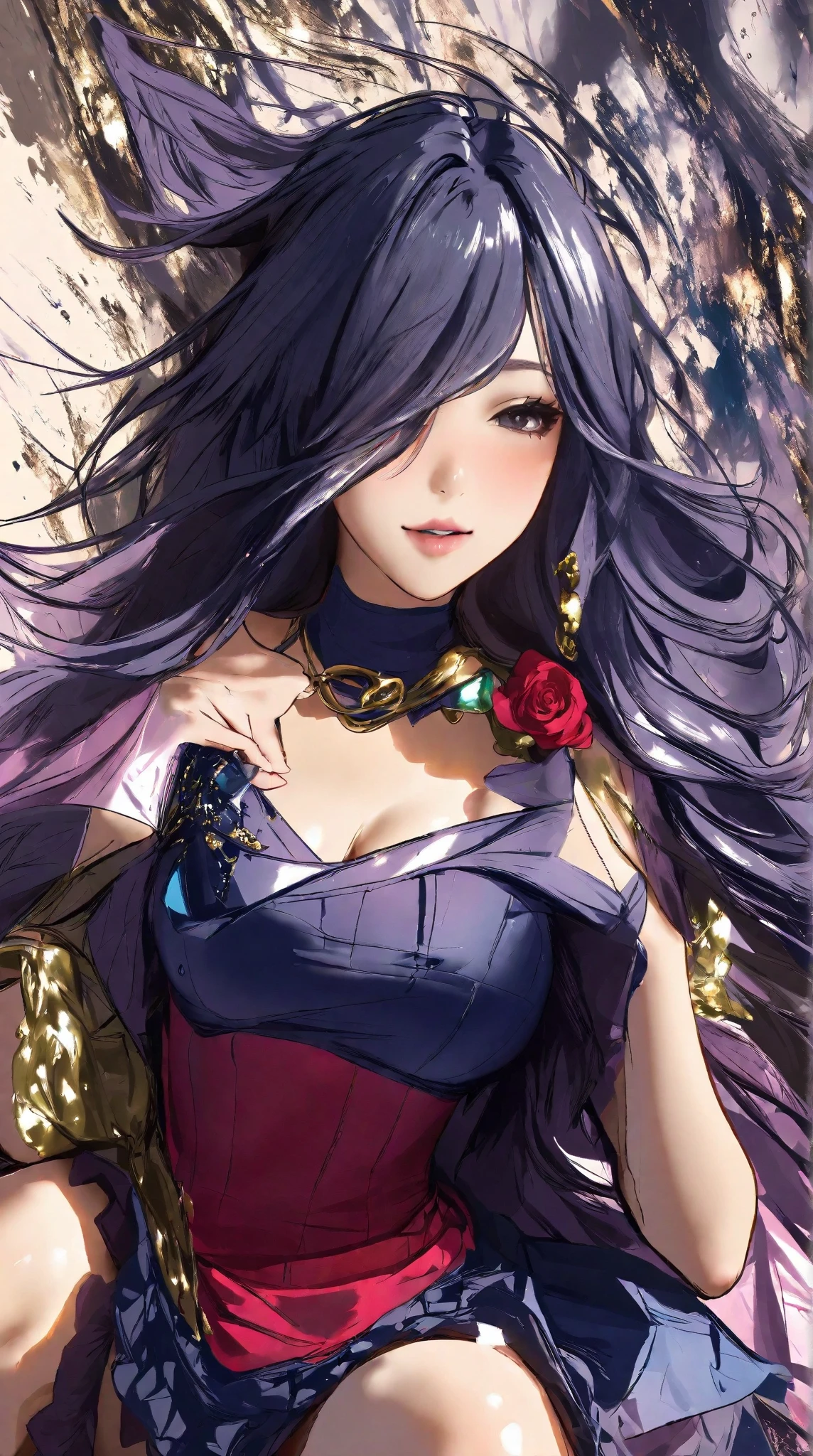 (Masterpiece, Top Quality, Official Art, Beautifully Aesthetic, Beautifully Aesthetic: 1.3, Detailed Detail, High Resolution: 1.4), (1 person: 1.3, Dynamic Pose), (Beautiful woman like a goddess), (Medium purple hair), Attractive makeup, Eyelashes, Attractive and revealing back view, Thigh view up, Gorgeous face, Subsurface scattering, Shine, Shine, Iridescent 、