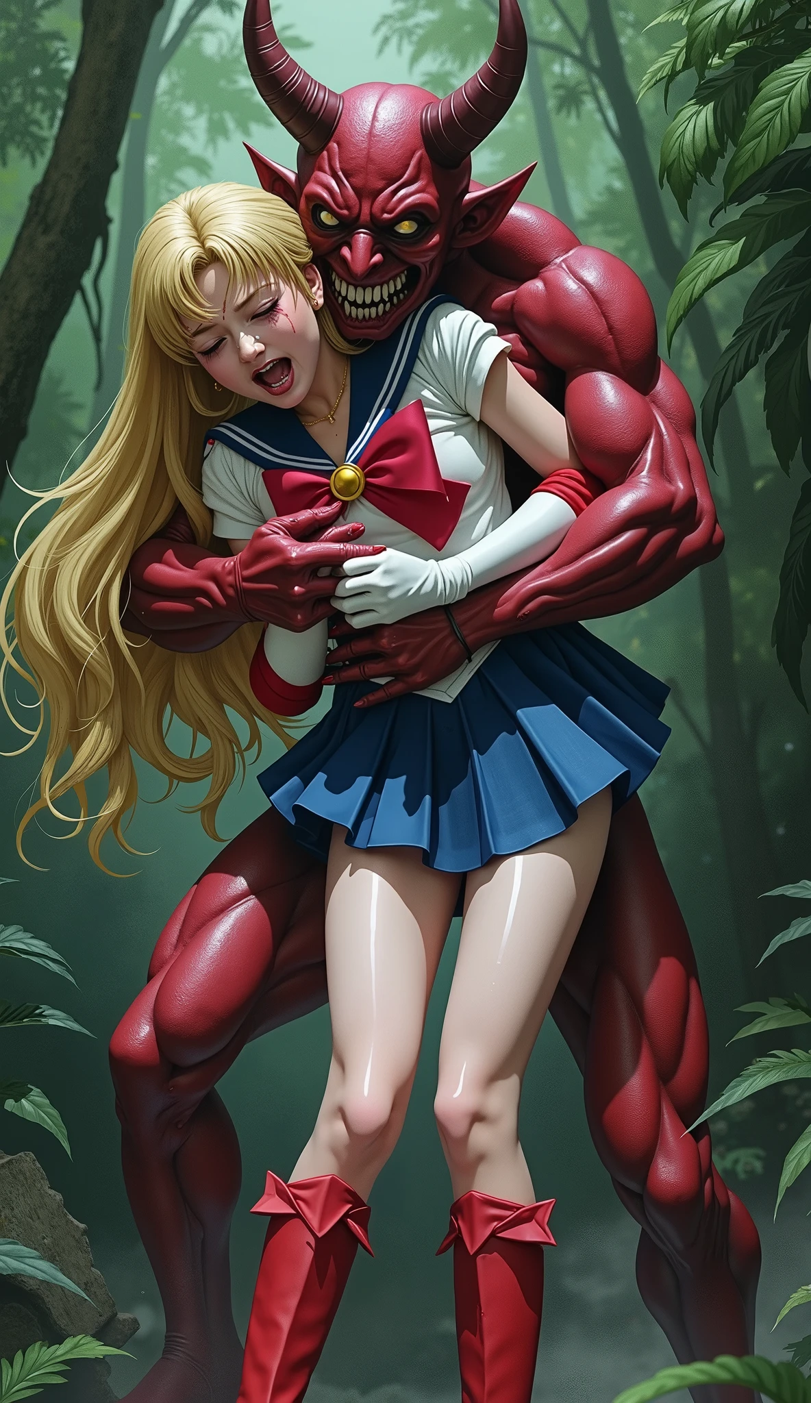 Hyperrealism, masterpiece, highest quality, A young Japanese woman is bending down and hugging from behind by a devil, ((she is crying and screaming in pain)), tears from her eyes, painful face, she is wearing a Sailor Moon costume, Blue sailor collar, Blue short mini pleated skirt, she is wearing a very short blue mini pleated skirt, (upskirt:1.8), Long white gloves, shiny beige color pantyhose, Exposed thighs, red long boots, big choker, long blonde Hair, a devil is standing sexual assault her from behind, the devil is hugging her tightly and push his private part into her skirt, in the jungle,