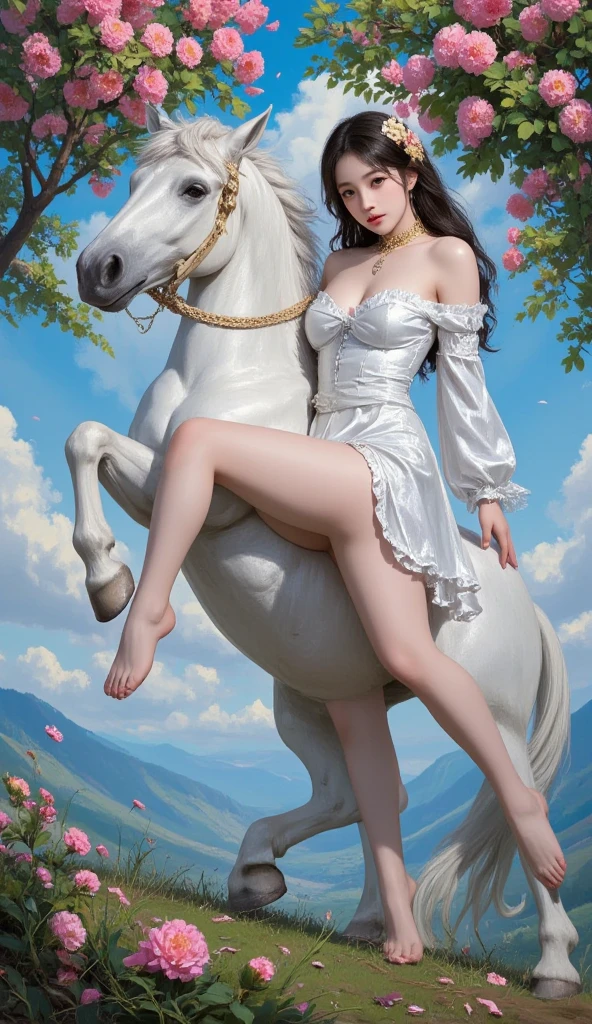 (masterpiece), (best quality), 8k resolution, 1girl, Asian girl, stunning beauty, perfect face, big breast, mature female, 20yo, sexy, deer ear, huge deer horns, long hair, white hair, riding a monster, simple background, full body, deer body, white flowers at background