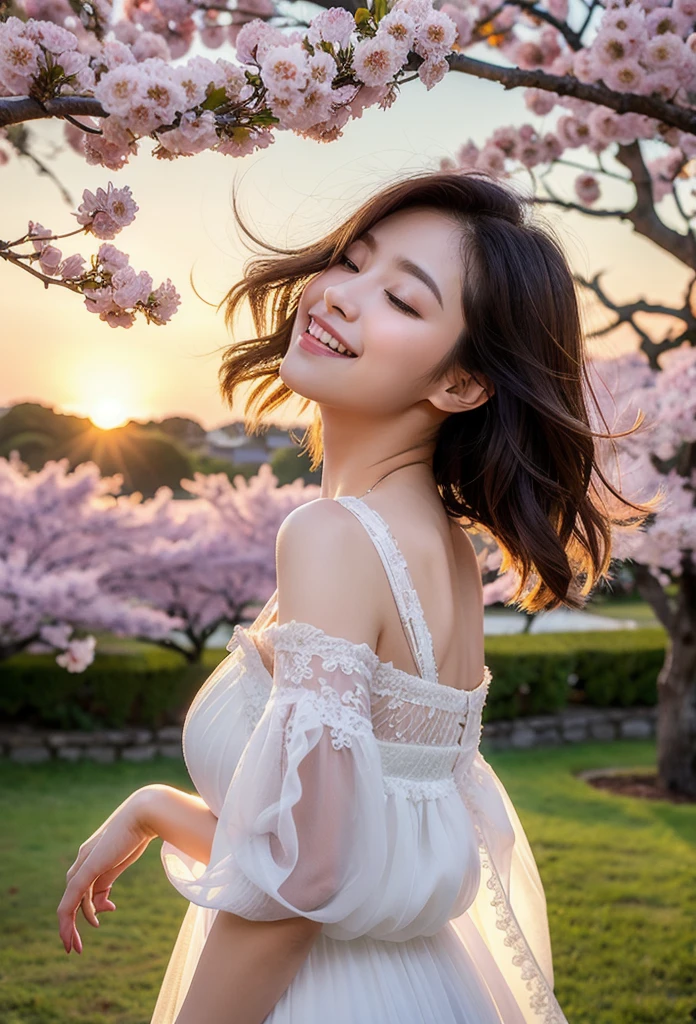 (Highest quality,masterpiece:1.3,Ultra-high resolution),(Very detailed,Caustics,8K),(Realistic:1.4,RAW shooting),1 Girl,sit,(smile),(looking at the camera),20-year-old,cute,Japanese,Natural brown medium hair,(White blouse),Denim mini skirt,glamorous,(big ),(breast focus),Grass,cherry blossoms,blue sky,sun,Natural light,(Lens flare),Professional Writing,(Bust up shot),(Tilt composition:1.3),(low position:1.4),(Low Angle:1.4)