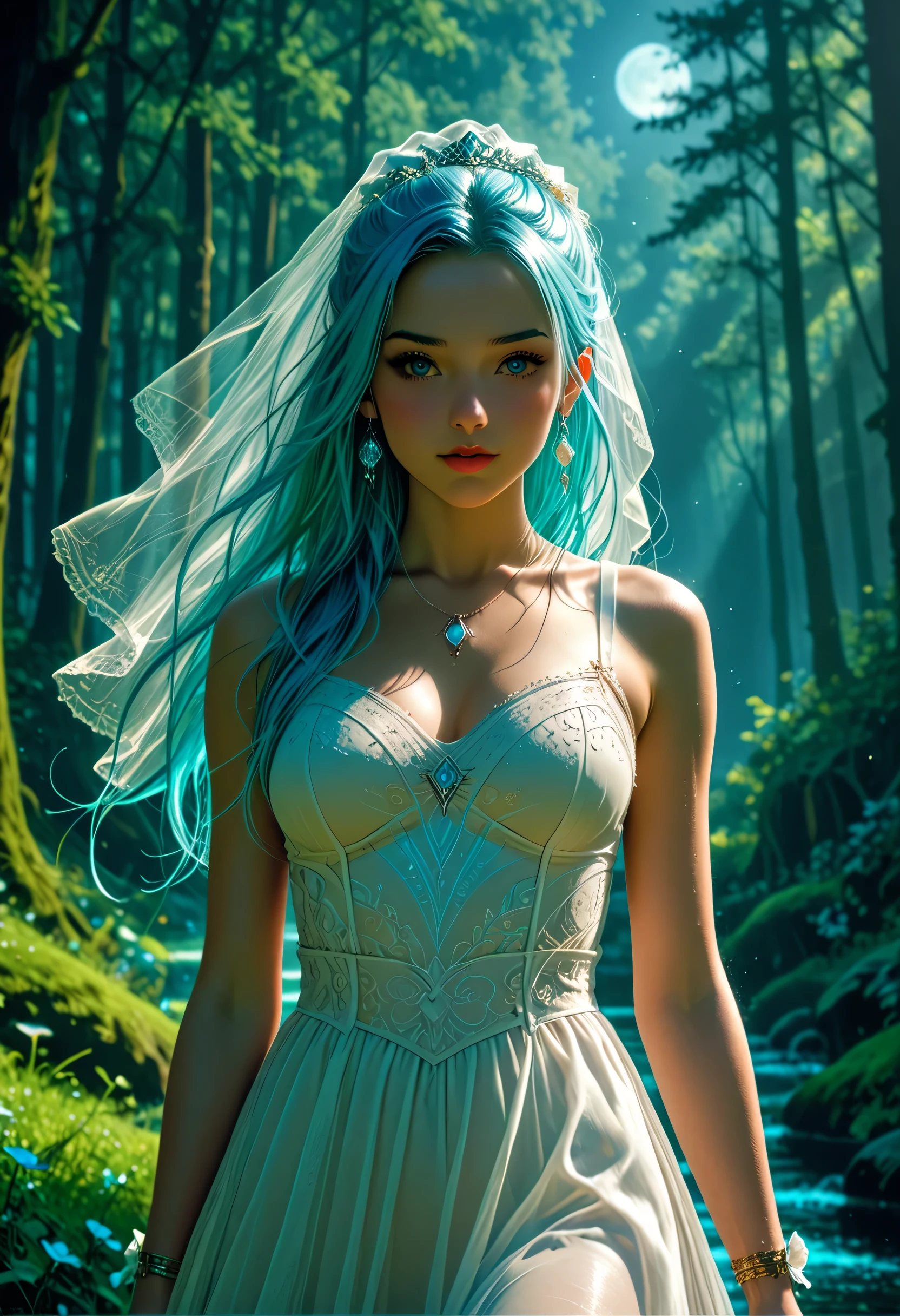 a fantasy beautiful bride walking in a fantasy forest, a beautiful bride best detailed face, dynamic hair color, dynamic hair style, the moon is rising there are star in the sky, romantic atmosphere , cinematic light, High Detail, Ultra High Quality, High Resolution, 16K Resolution, Ultra HD Pictures, Ultra Realistic, Clear Details, Realistic Detail, Ultra High Definition, Cinematic Shot, HCQ Style, Colorful