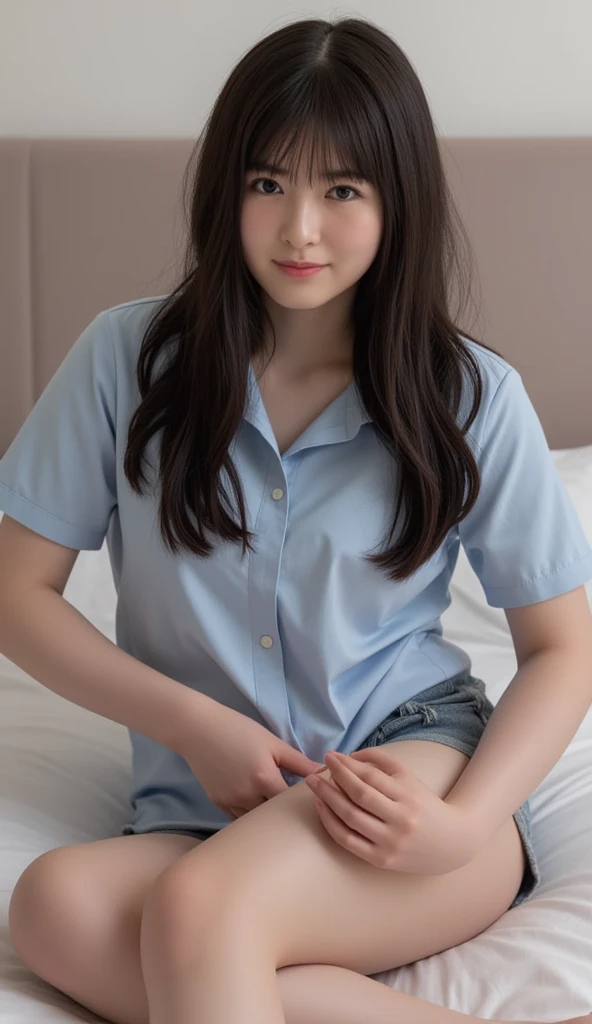 ((High-resolution images, masterpiece, Atmospheric perspective, 8K, Very detailed, Accurate, Highest quality, Single Shot)), (((Cute western woman masturbating))), (Casual Style), Jacket, Unbuttoned shirt, Swollen areola, (Round face, Realistic eye size, Droopy eyes, blush, smile), (((Stand and spread your legs, ))), (Bedroom,On the bed, At night), Blonde braids, Small earrings, Thin Necklace, (light makeup),