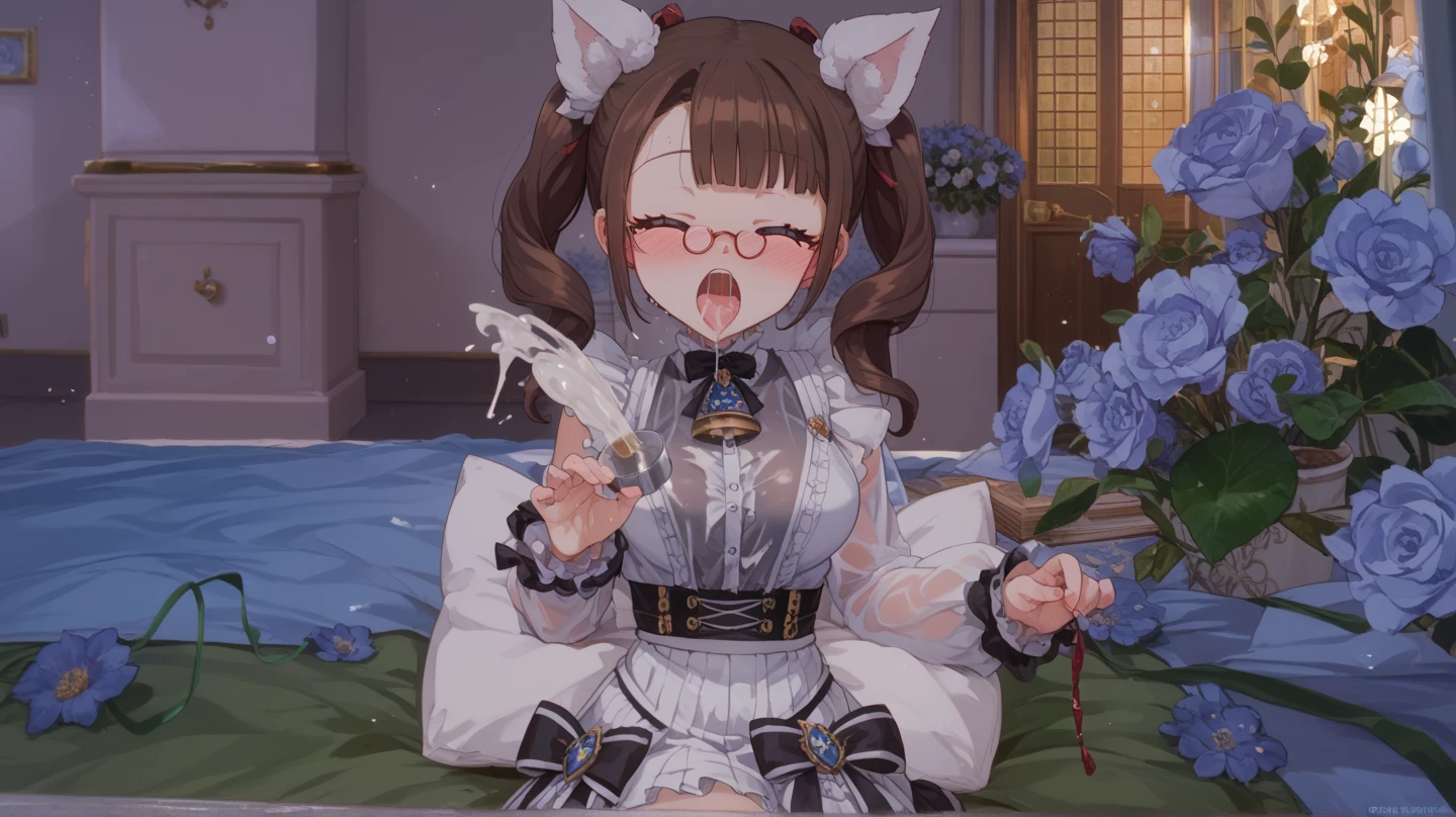 nsfw, woman, (Bunny ears), open mouth, Showing tongue, Round frame glasses, Small breasts, (nun), long hair, black hair, open legs, Rainy, (man, penis), (Sex, woman on top)