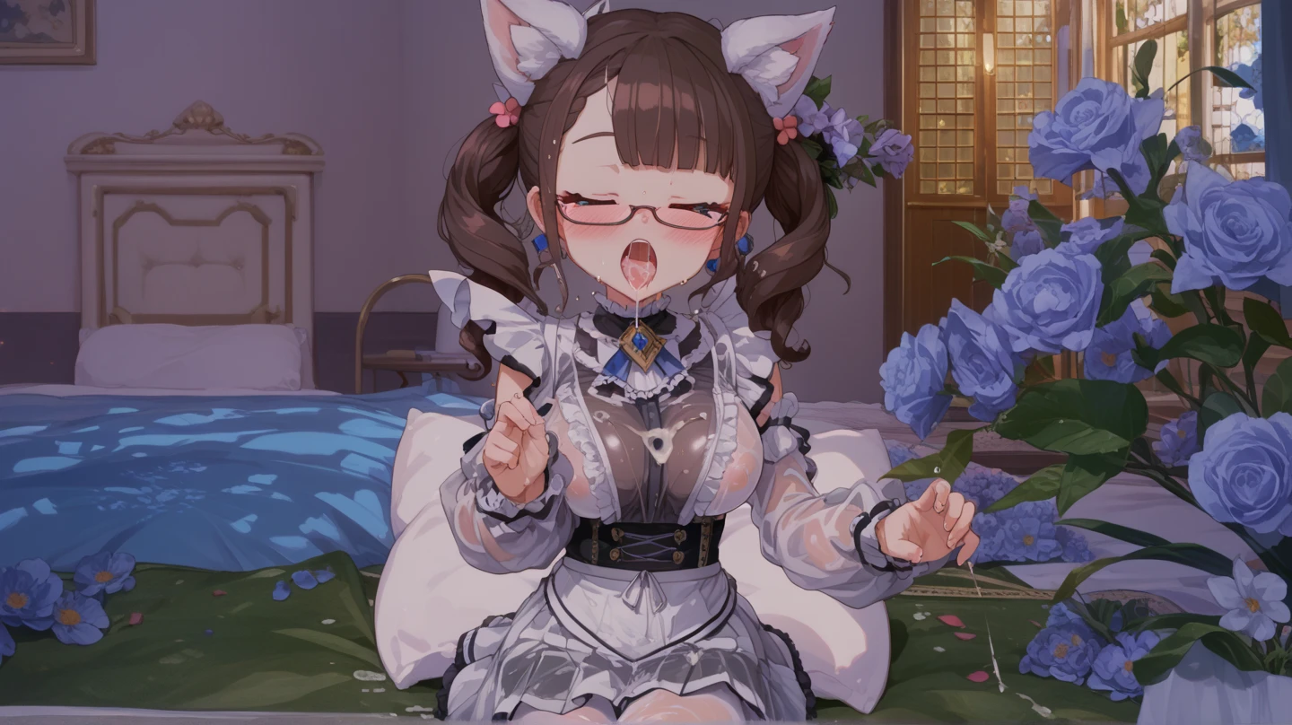 nsfw, woman, (nun), (Bunny ears), open mouth, Showing tongue, Round frame glasses, Small breasts, long hair, black hair, open legs, Rainy, Church, (man, penis), (Sex, woman on top)