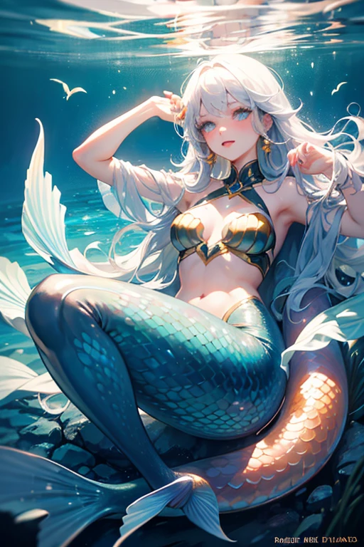 mobius (daughter of corals) (honkai impact), mobius (honkai impact), honkai (series), honkai impact 3rd, yelan xing xuan, 1girl, bangs, bare shoulders, barefoot, bikini, breasts, cleavage, coral reef, fish, full body, green eyes, green hair, jellyfish, long hair, navel, open mouth, solo, swimsuit, toes, twintails, underwater, water