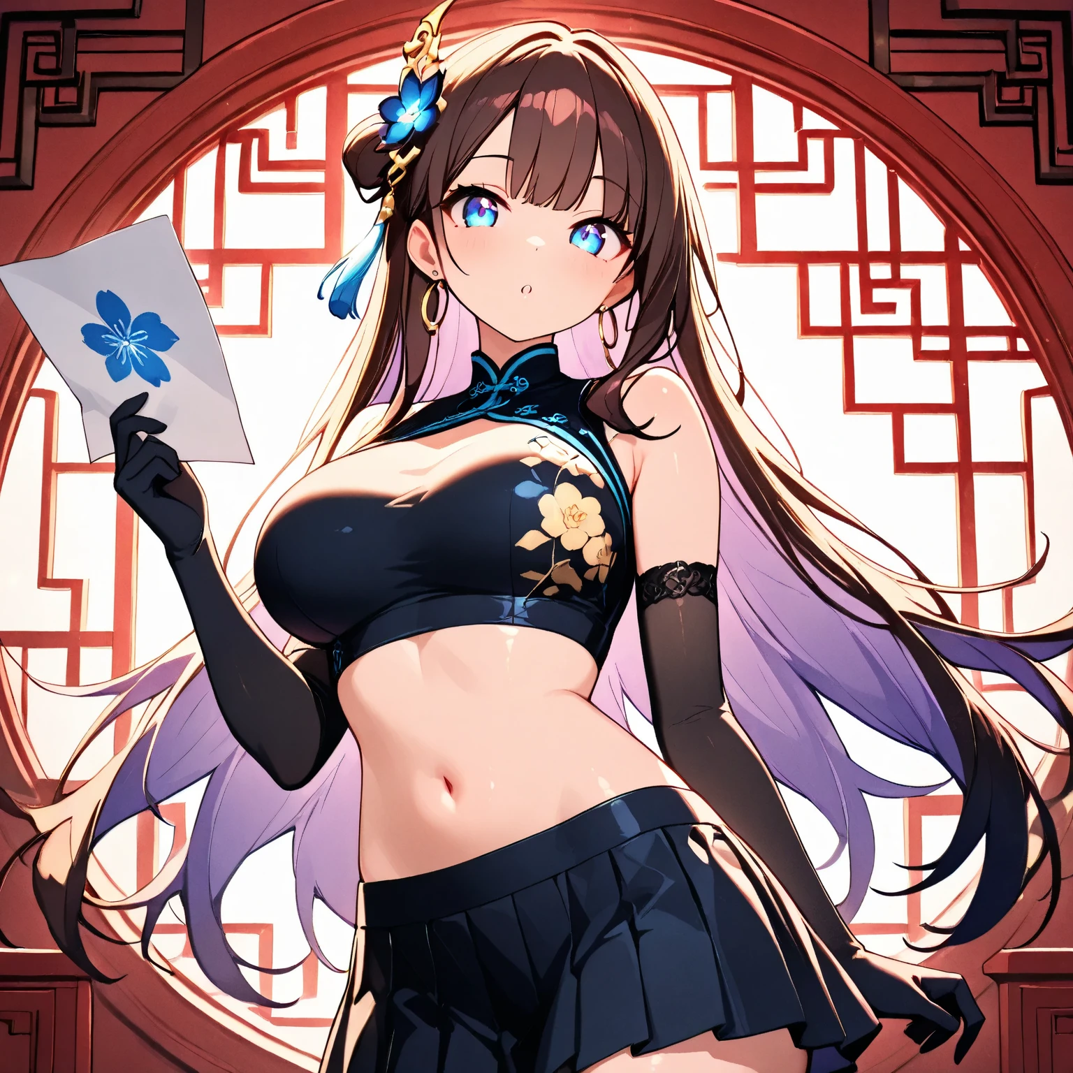 Adult woman, navy blue hair, The ends of gray hair, hairlong, beautiful hairstyle, hair ornament, white eyes, Chinese Clothing, Ornaments, Rings, Heels, Ancient Chinese themes, looking a viewer, Happy smile, overhead view, Lies on the money, gold coins, A mountain of money, Fantasy art, Beautiful painting of characters, Works of art in the style of Guvaika, epic exquisite character art, stunning character art, Beautiful Killer Woman, perspective, overhead view(reference sheet:1.5)