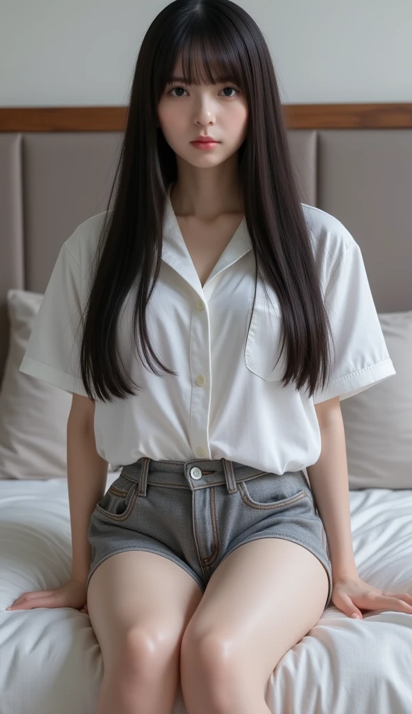 ((top-quality、8K、​masterpiece:1.3, Photorealsitic:1.4)), (((white ribbed panties:1.3, Inter-strands, pantie shot))), Japanese high school  girl, 1 female, A dark-haired, With bangs, ((Thicker thighs, opens legs, White Socks)), Highly detailed facial and skin texture, A detailed eye, Detailed lips、Highly detailed hair depiction, Natural makeup:1.0, Look at viewers