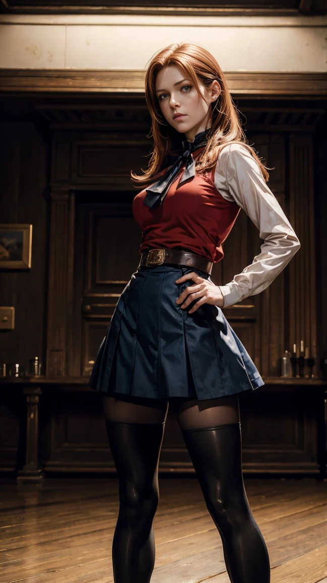 (masterpiece), best quality, expressive eyes, perfect face, emma stone, hogwarts outfit,hogwarts short skirt, curvy, stockings, cleavage, full body photo, open shirt, flirty expression