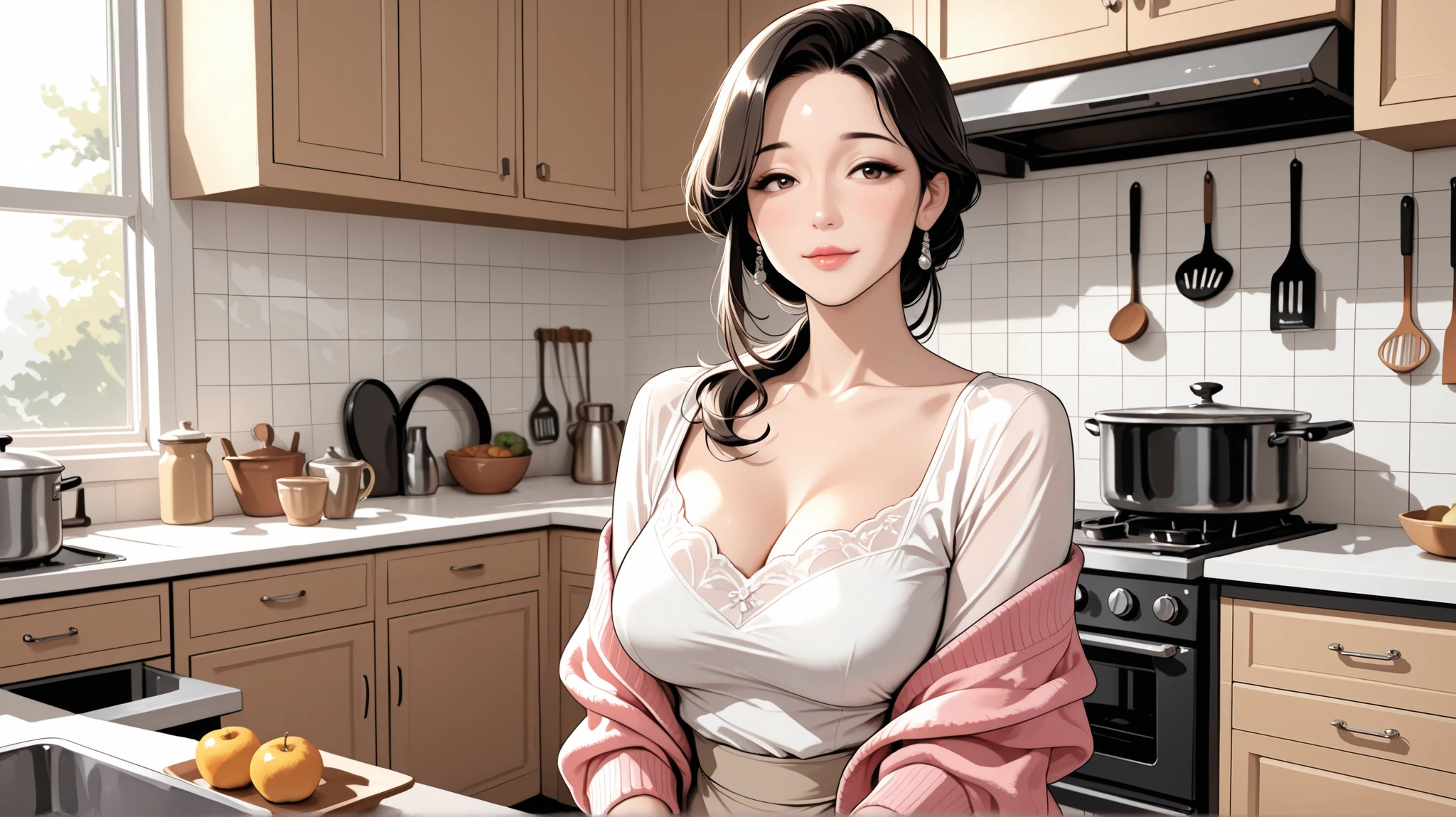 high quality, Perfect Dynamic Figures, Korean mature woman, Kitchen, pink cardigan, white blouse, Bust shot