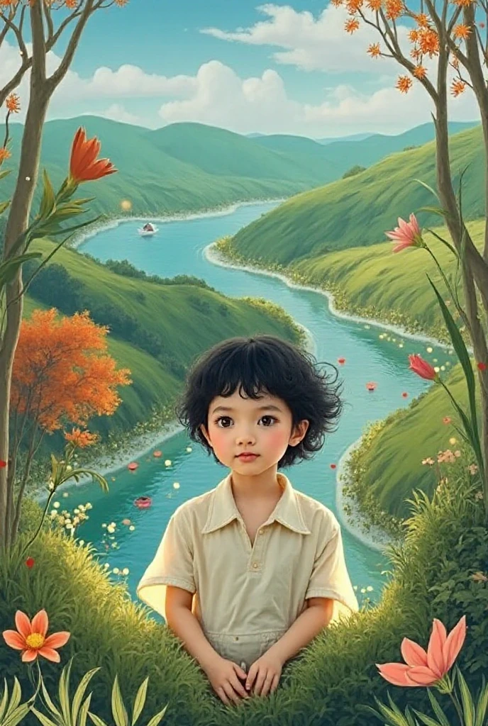 Realistic portrait of a seven-year-old boy, He wears a red shirt . His face is childish and exploratory . He goes out cautiously into the garden of the house, A small cat is among the bushes and he touches it cautiously ,Not facing the camera,, Hair is untidy ,
