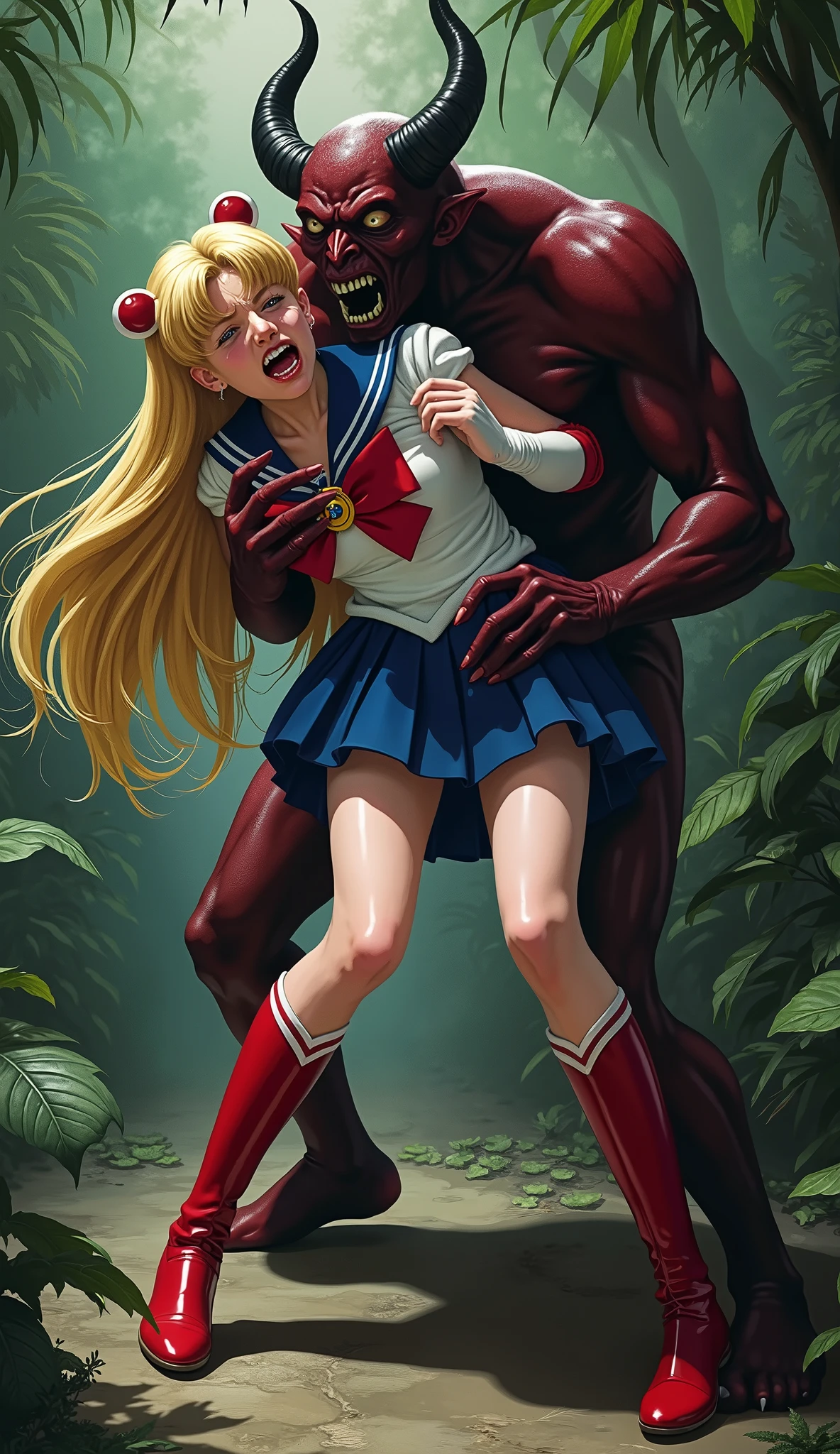 Hyperrealism, masterpiece, highest quality, A young Japanese woman is bending down and hugging from behind by a devil, ((she is crying and screaming in pain)), tears from her eyes, painful face, she is wearing a Sailor Moon costume, Blue sailor collar, Blue short mini pleated skirt, she is wearing a very short blue mini pleated skirt, (upskirt:1.8), Long white gloves, shiny beige color pantyhose, Exposed thighs, red long boots, big choker, long blonde Hair, a devil is standing sexual assault her from behind, the devil is hugging her tightly and push his private part into her skirt, in the jungle,