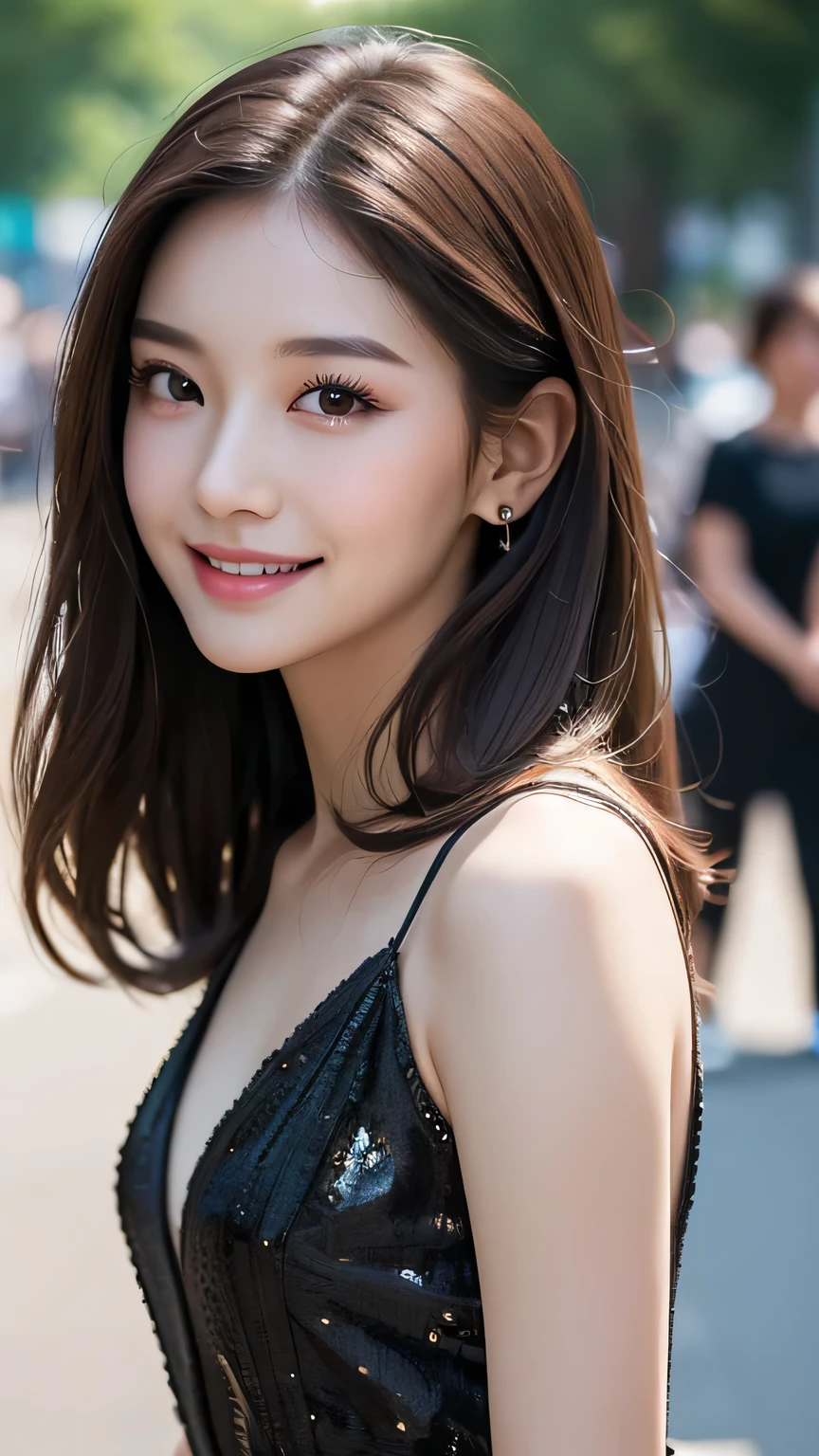 Body portrait, 8K, thin and beautiful eyes, Dindal effect, masterpiece, top quality, high quality, high resolution, very detailed photo, (natural skin texture, fine skin, hyper realism, super sharpness), high detail skin, (very fine, fine skin texture, intricate details, beautiful face, (realistic face), realistic eyes, beautifully detailed eyes, realistic skin, beautiful skin, surreal, very detailed Golden ratio, smiling eyes, ((night moonlight background) )), body portrait, G cup, big breasts, huge breasts, big breasts, glamorous, sexy knit dress,