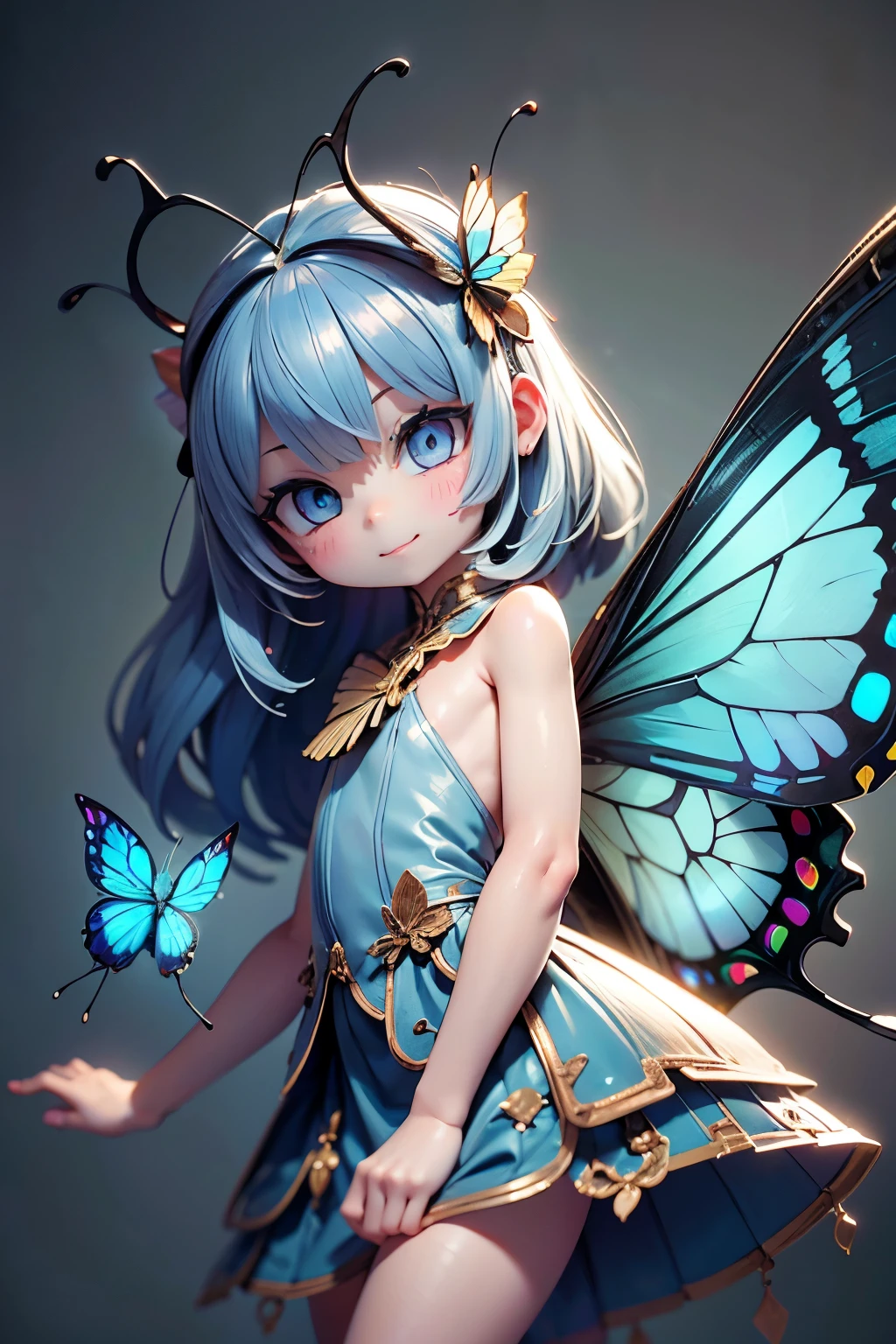 solo, female 1 person\(cute, cute,small ,Skin color is white,Light Blue Shortcut Hair,(smiling at the flag:1.2),(Big Morpho Butterfly Feather Hair:1.7),hologram colored dress\(  beautiful race  \),(Hologram Blue Eyes:1.5),(Two butterfly antennae on the hair:1.2),big cute smile,[ butterfly wings on the back  :2.0],[Butterfly wings on the body:2.0],[Butterfly Wings:2.0],[surplus arms],Butterfly Wingsは毛の部分にのみある\),background\( Dapple Sunlight ,  beautiful forest,\),quality\(8k,Very Well DetailedCGユニットのwallpaper, masterpiece,high resolution,top-quality,top-quality real texture skin,Surrealism,increase resolution,RAW photo,最高のquality,Very Well Detailed,wallpaper,  movie light,  Raytrace  ,  golden ratio,\),close-up face