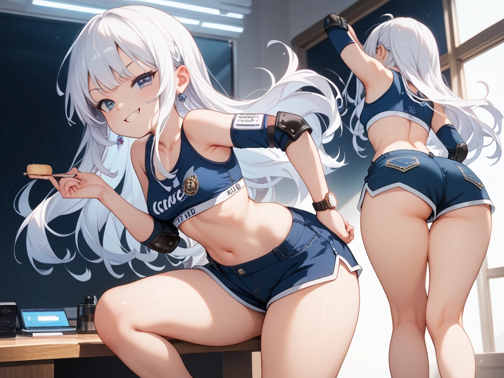 <lora:pose standingpussy:1> standing, (standing on one leg, leg up,:1.2), blush, smile, from below, low angle,shimacos, crop top, microskirt, thighhighs, elbow gloves, <lora:ShimaCosplay:1>