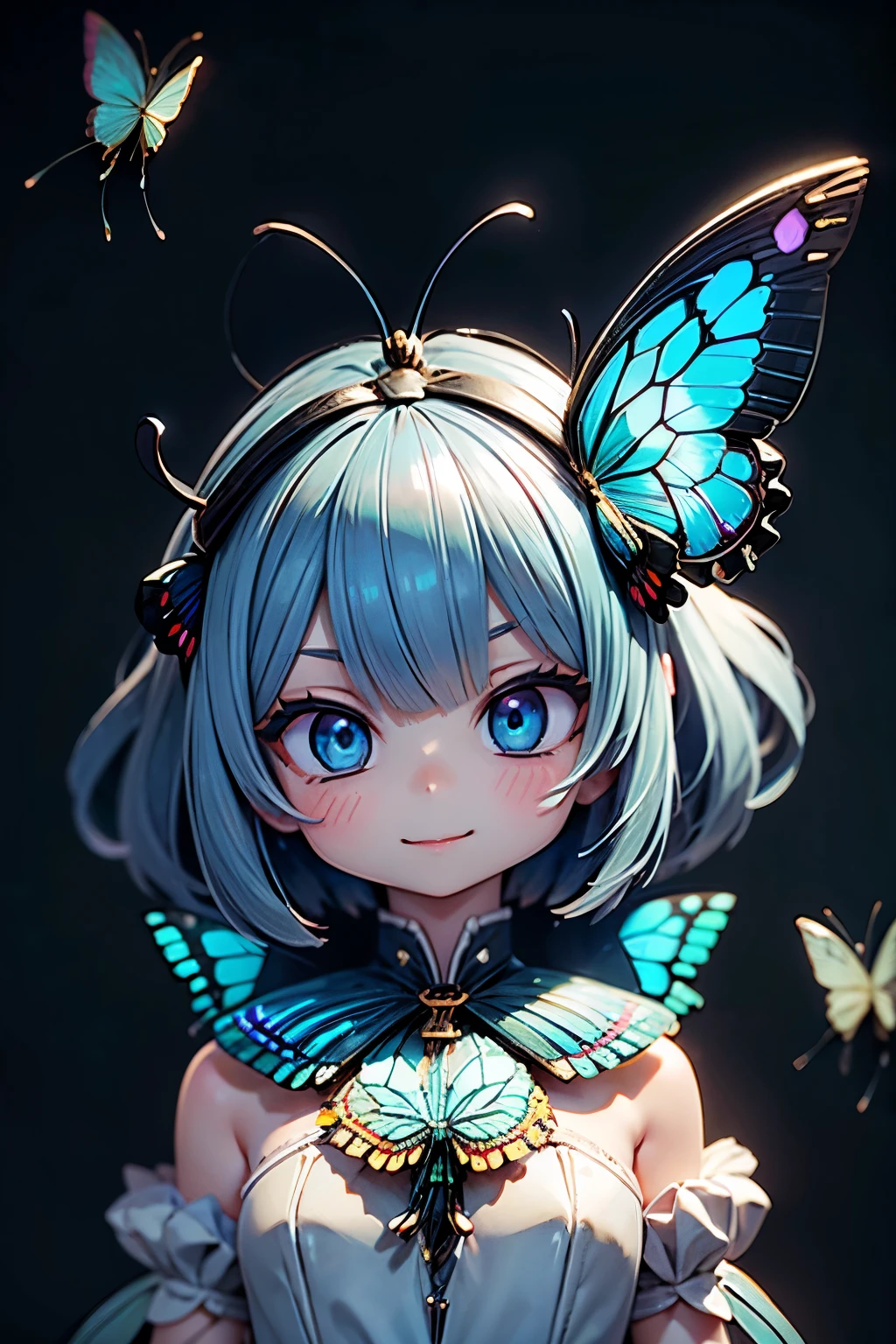 solo, female 1 person\(cute, cute,small ,Skin color is white,Light Blue Shortcut Hair,(smiling at the flag:1.2),(Big Morpho Butterfly Feather Hair:1.7),hologram colored dress\(  beautiful race  \),(Hologram Blue Eyes:1.5),(Two butterfly antennae on the hair:1.2),big cute smile,[ butterfly wings on the back  :2.0],[Butterfly wings on the body:2.0],[Butterfly Wings:2.0],[surplus arms],Butterfly Wingsは毛の部分にのみある\),background\( Dapple Sunlight ,  beautiful forest,\),quality\(8k,Very Well DetailedCGユニットのwallpaper, masterpiece,high resolution,top-quality,top-quality real texture skin,Surrealism,increase resolution,RAW photo,最高のquality,Very Well Detailed,wallpaper,  movie light,  Raytrace  ,  golden ratio,\),close-up face

