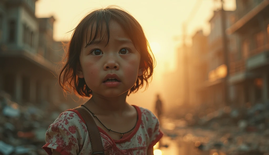 2024; (masterpiece, best quality) destroyed city (Rio de Janeiro)1sad girl looking up(close-up); bombs falling from the sky.