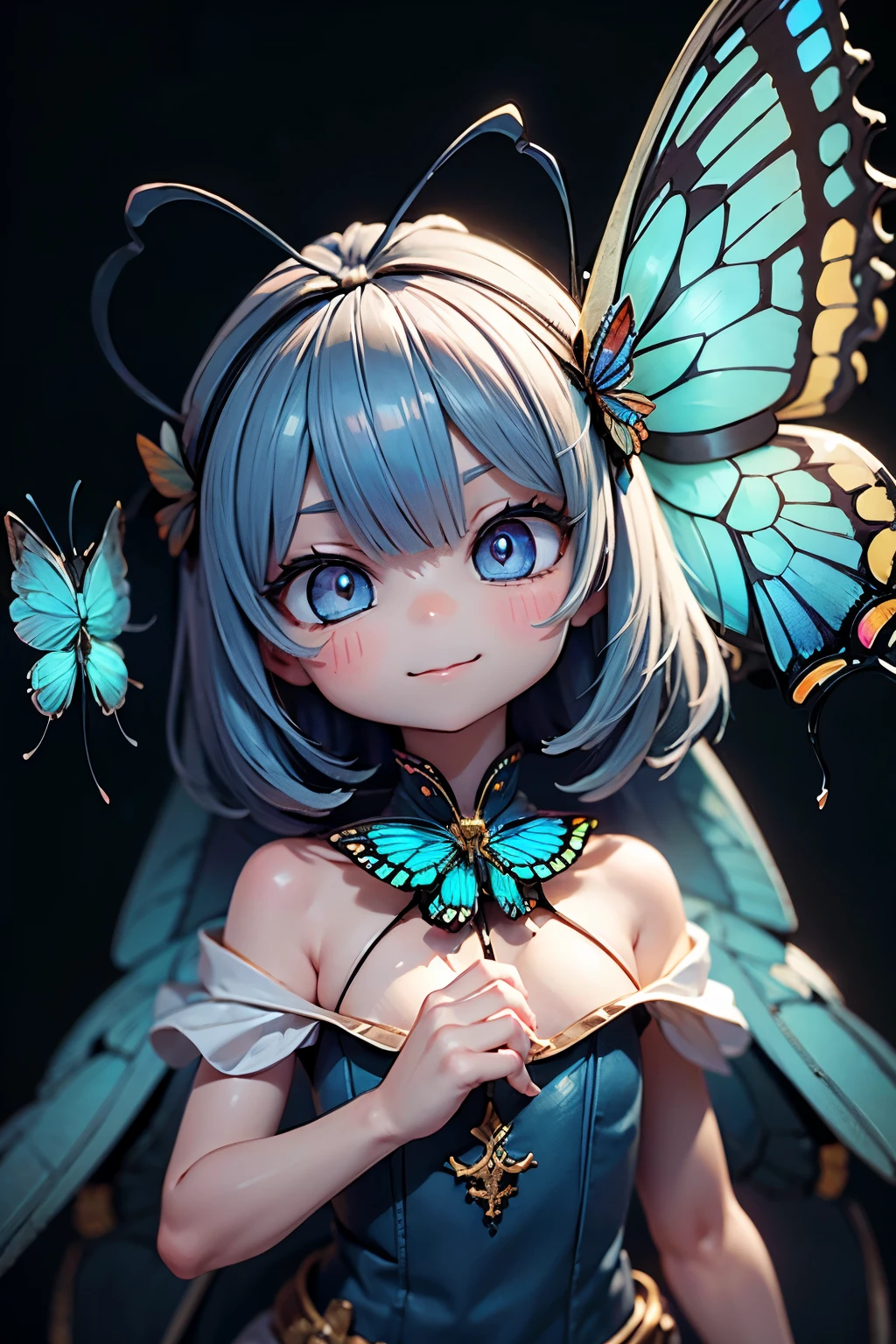 solo, female 1 person\(cute, cute,small ,Skin color is white,Light Blue Shortcut Hair,(smiling at the flag:1.2),(Big Morpho Butterfly Feather Hair:1.7),hologram colored dress\(  beautiful race  \),(Hologram Blue Eyes:1.5),(Two butterfly antennae on the hair:1.2),big cute smile,[ butterfly wings on the back  :2.0],[Butterfly wings on the body:2.0],[Butterfly Wings:2.0],[surplus arms],Butterfly Wingsは毛の部分にのみある\),background\( Dapple Sunlight ,  beautiful forest,\),quality\(8k,Very Well DetailedCGユニットのwallpaper, masterpiece,high resolution,top-quality,top-quality real texture skin,Surrealism,increase resolution,RAW photo,最高のquality,Very Well Detailed,wallpaper,  movie light,  Raytrace  ,  golden ratio,\),close-up face
