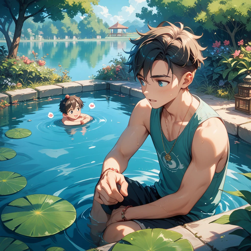 A boy in swimming trunks,pond,Beautiful