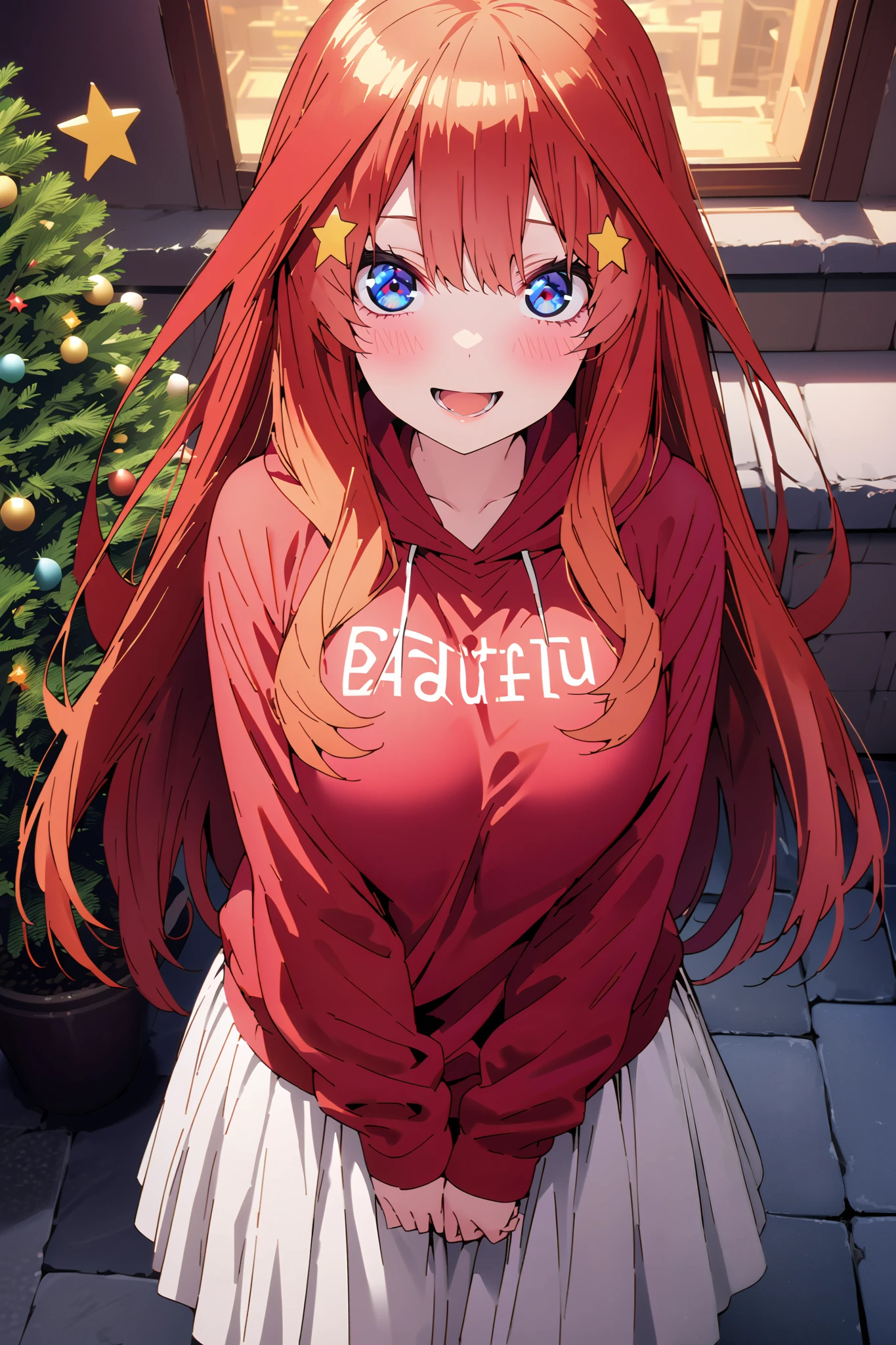 score_9, score_8_up, score_7_up, source_anime, Nakano Mizuki , long hair, blue eyes, hair ornament, red hair, long hair,stupid hair, star ( symbol ), star hair ornament, Big Breasts,smile,cover,opens her mouth, red oversized hoodie , white long skirt,boots,Snow standing in front of a Christmas tree,winter,Beautiful snow scene,cityscape,illumination, white Christmas ,full bodyがillustrationsに入るように,break outdoors,garden,
break looking at viewer,full body,
break (masterpiece:1.2), top quality, high resolution, Unity 8k 壁紙, (illustrations:0.8), (beautiful detailed eyes:1.6), very detailed face, so that it fits into the illustration, extremely detailed CG,full body写真, (Perfect Hand, perfect anatomy),